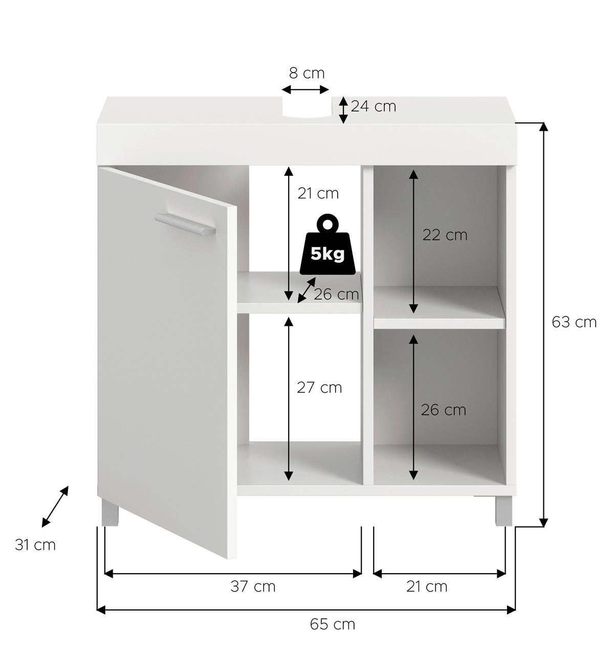 WASCHBECKENUNTERSCHRANK 65/63/31 cm  - Silberfarben/Weiß, Trend, Holzwerkstoff/Kunststoff (65/63/31cm) - MID.YOU