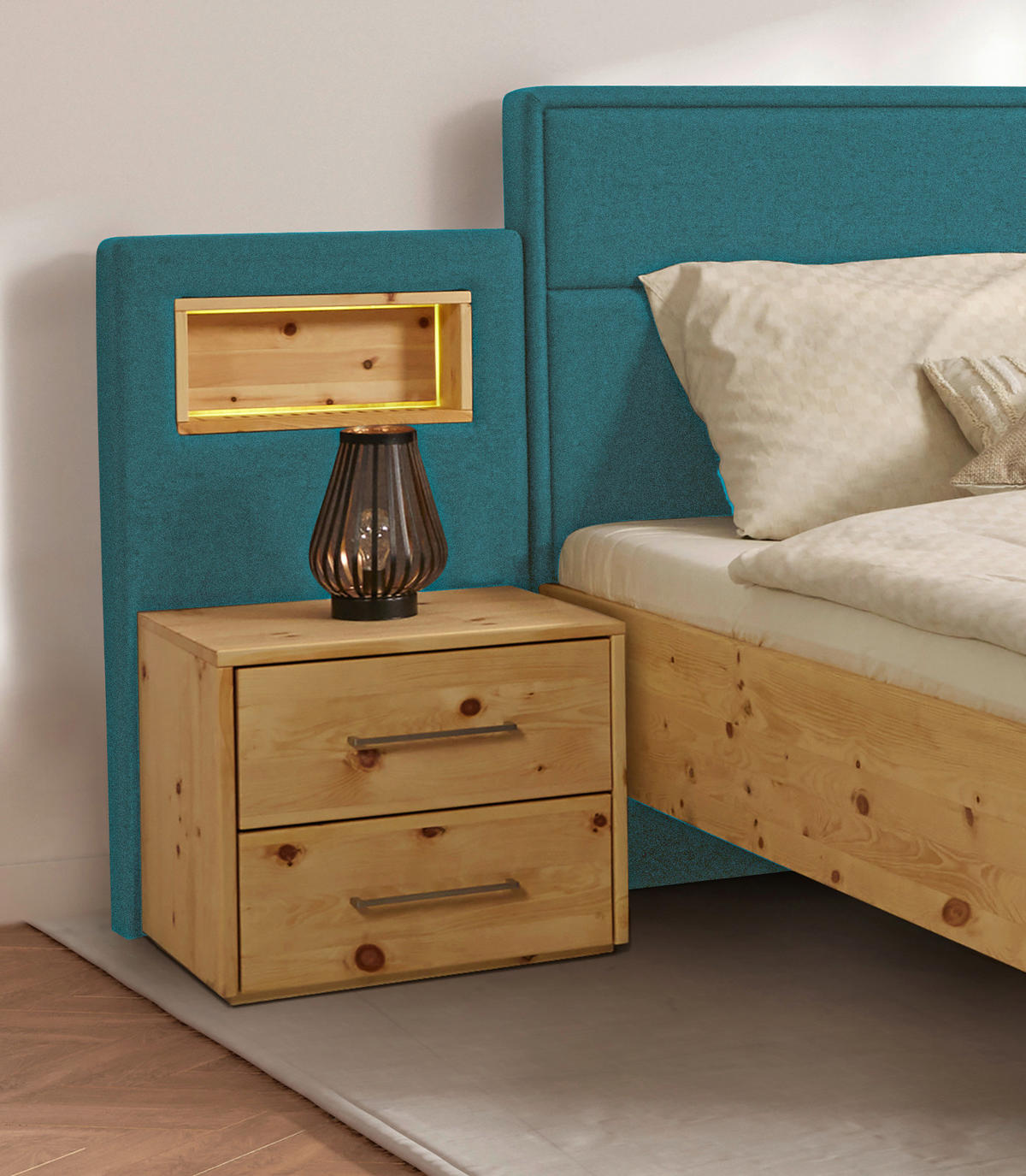 BETT 200/200 cm  in Zirbelkieferfarben, Petrol  - Zirbelkieferfarben/Petrol, Natur, Holz/Textil (200/200cm) - Valnatura