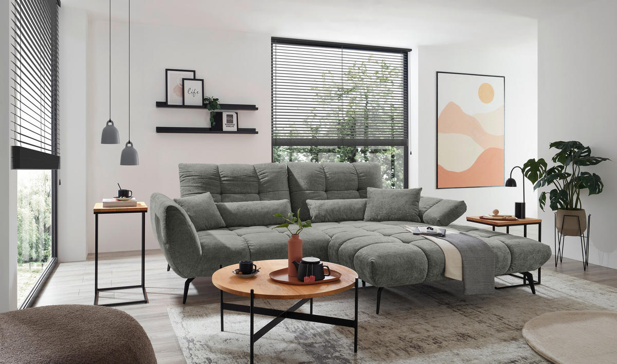 ECKSOFA Anthrazit Flachgewebe Rücken echt, Sitztiefenverstellung  - Anthrazit/Schwarz, KONVENTIONELL, Textil/Metall (273/211cm) - SetOne by Musterring