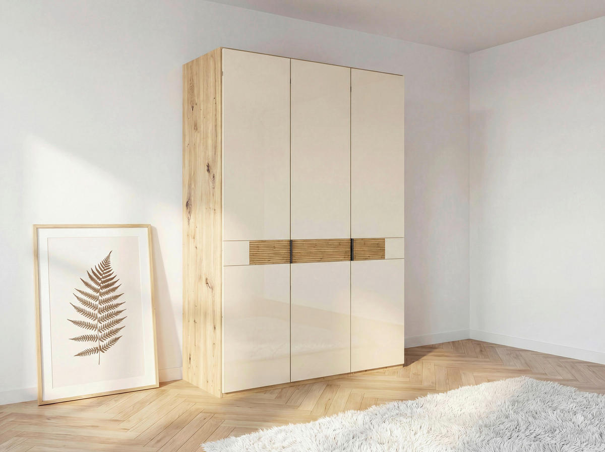 DREHTÜRENSCHRANK 150/216/58 cm,  in Champagner, Eiche Bianco, 3 Tür(en)  - Schieferfarben/Eiche Bianco, Design, Glas/Holz (150/216/58cm) - Musterring