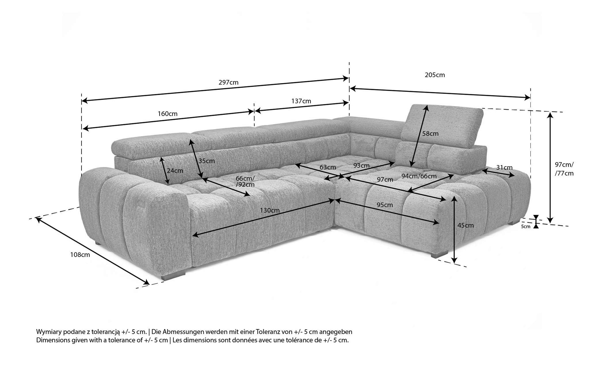 Thumbnail - Welnova Ecksofa, Blau, Braun, Textil, 4-Sitzer, Ottomane rechts, 297x205 cm, seitenverkehrt erhältlich, Rücken echt, ele...