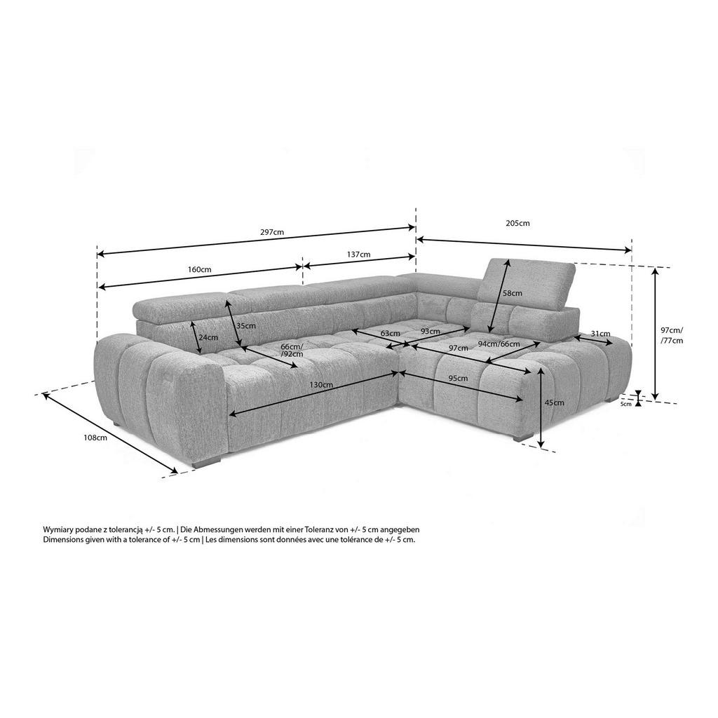 Thumbnail - Welnova Ecksofa, Grau, Textil, 4-Sitzer, Ottomane rechts, 297x205 cm, seitenverkehrt erhältlich, Rücken echt, elektrisch...