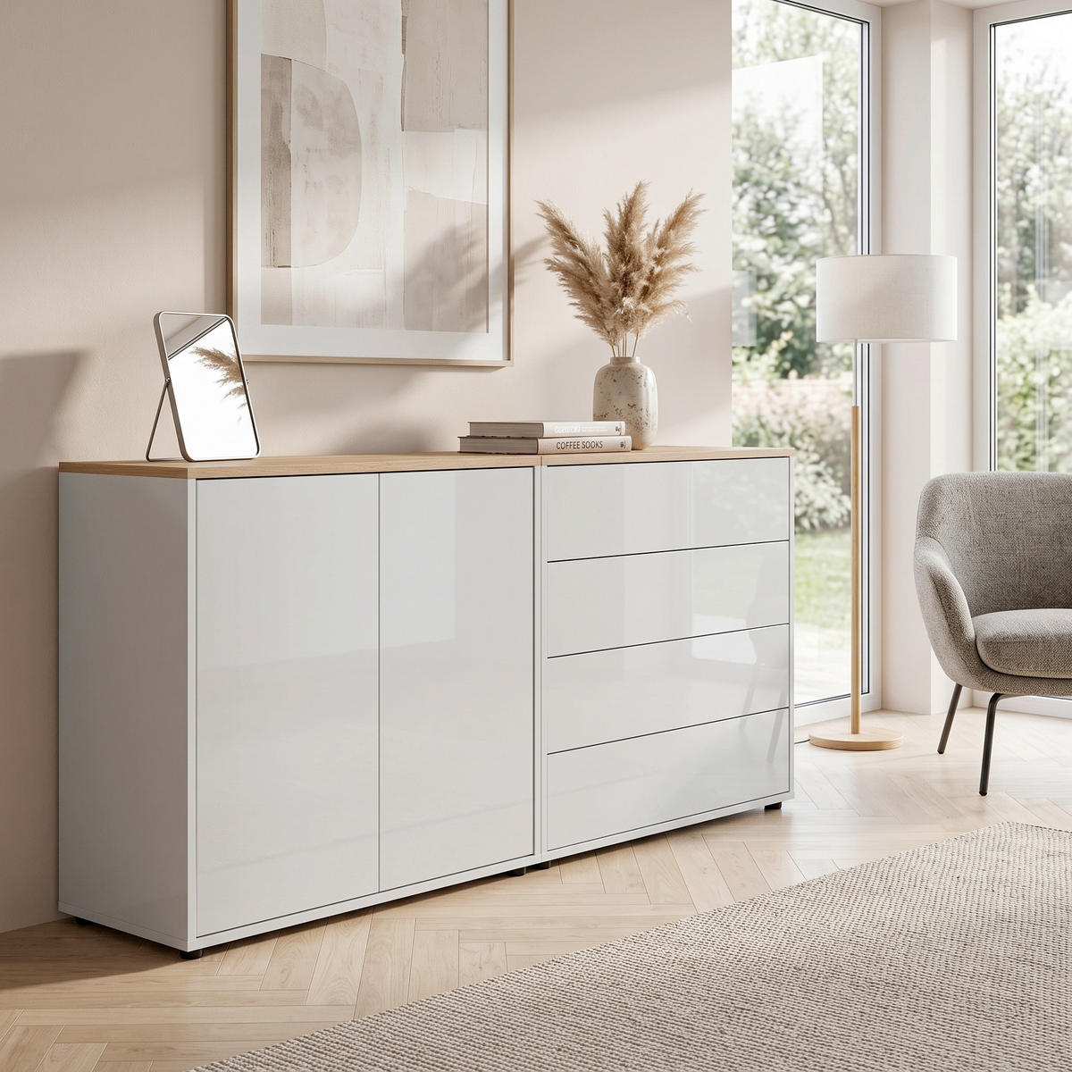 SIDEBOARD   - Weiß Hochglanz/Schwarz, MODERN, Holzwerkstoff/Kunststoff (158/73/33cm) - MID.YOU