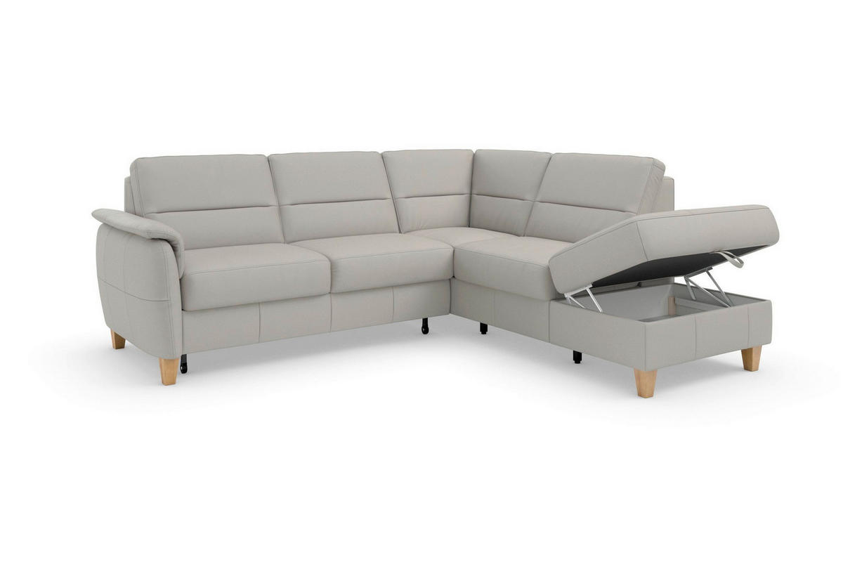 ECKSOFA PALMERA E Hellgrau Kombination Echtleder/Stoff Mikrofaser Stauraum  - Eichefarben/Hellgrau, Basics, Leder/Holz (236/212cm) - Sit & More