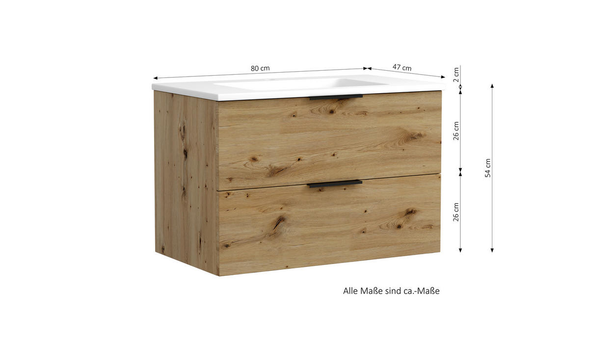 WASCHTISCHKOMBI  - Schwarz/Eiche Artisan, MODERN, Keramik/Holzwerkstoff (80/54/47cm) - Held