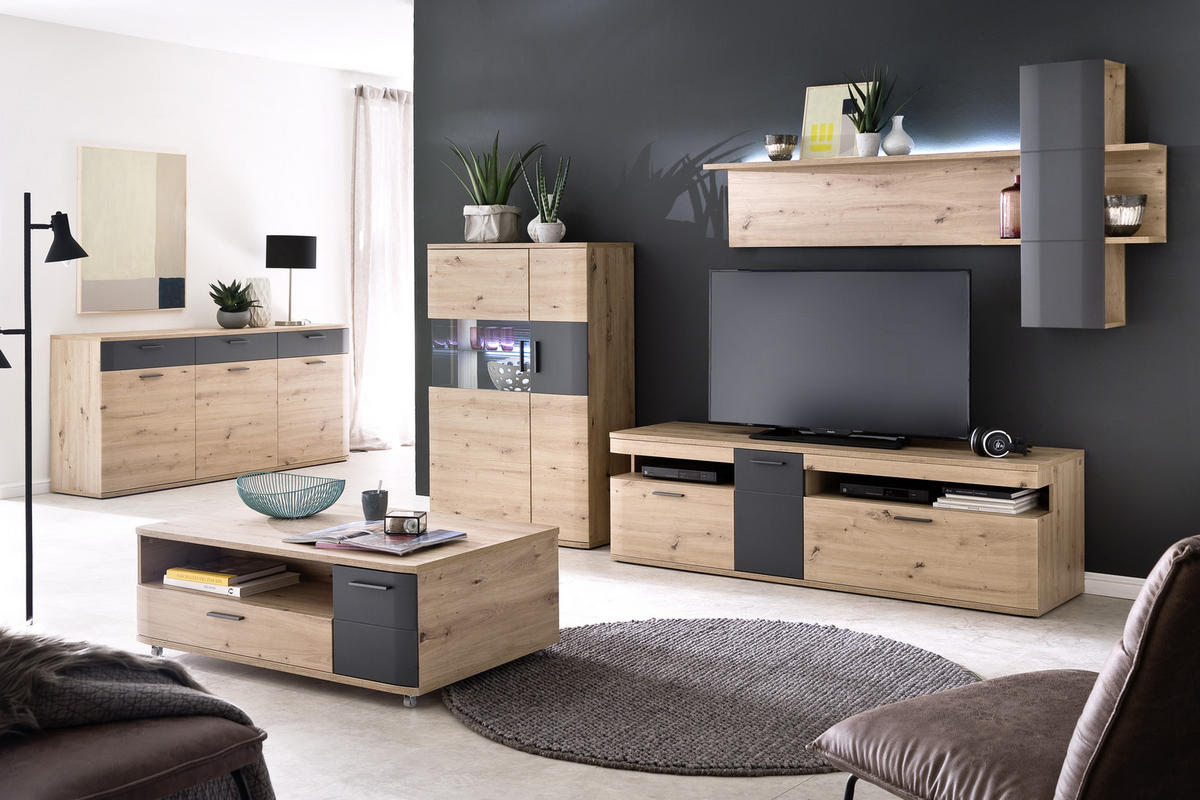 OBÝVACÍ STĚNA, antracitová, čiré, barvy dubu - barvy dubu/černá, Design, kov/kompozitní dřevo (310/198/50cm) - Livetastic