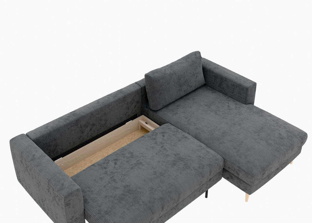ECKSCHLAFSOFA  mit Rücken echt, Armteil links, Armteil rechts Cord Dunkelgrau  - Dunkelgrau/Buchefarben, MODERN, Holz/Textil (232/161cm) - Trendmanufaktur