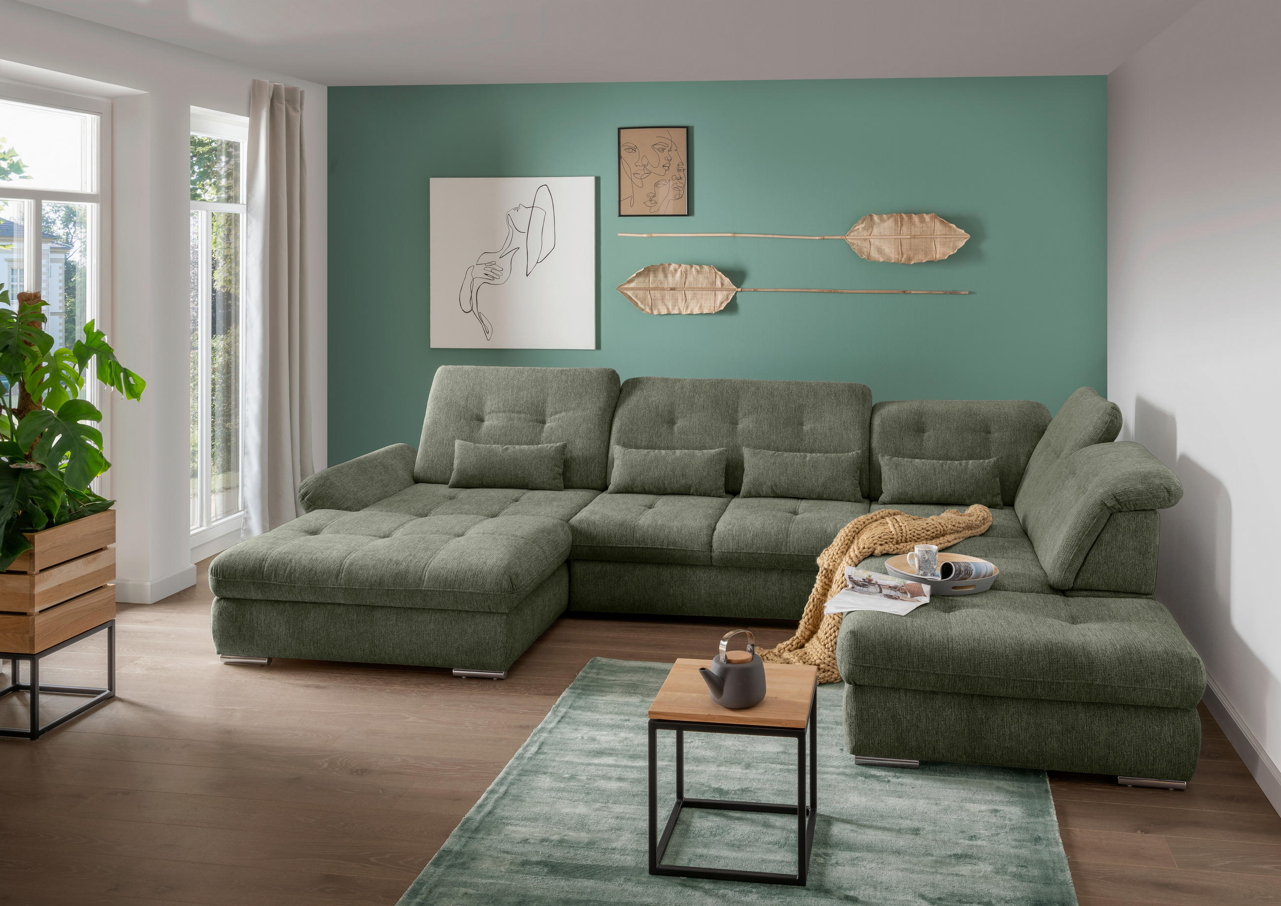 WOHNLANDSCHAFT Dunkelgrün Chenille - Chromfarben/Dunkelgrün, Design, Textil/Metall (195/376/254cm) - Livetastic