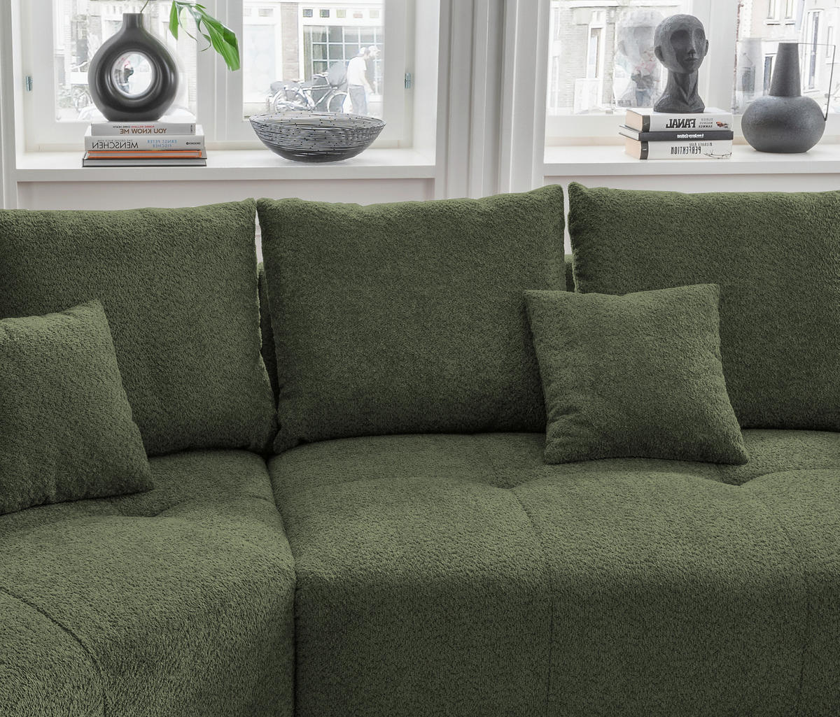 BIGSOFA Bouclé Dunkelgrün  - Dunkelgrün/Schwarz, MODERN, Kunststoff/Textil (323/91/155cm) - Livetastic