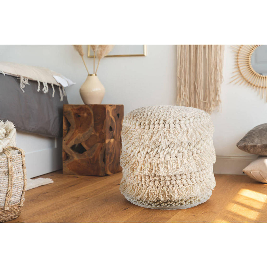 Thumbnail - Kayoom Pouf, Creme, Textil, Struktur, Füllung: EPS Mikroperlen, 35x35x35 cm, Wohnzimmer, Hocker, Poufs