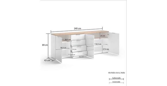 SIDEBOARD Weiß Hochglanz Oberplatte, Einlegeböden  - Eichefarben/Weiß Hochglanz, Design, Holzwerkstoff/Kunststoff (240/43/89cm) - Xora