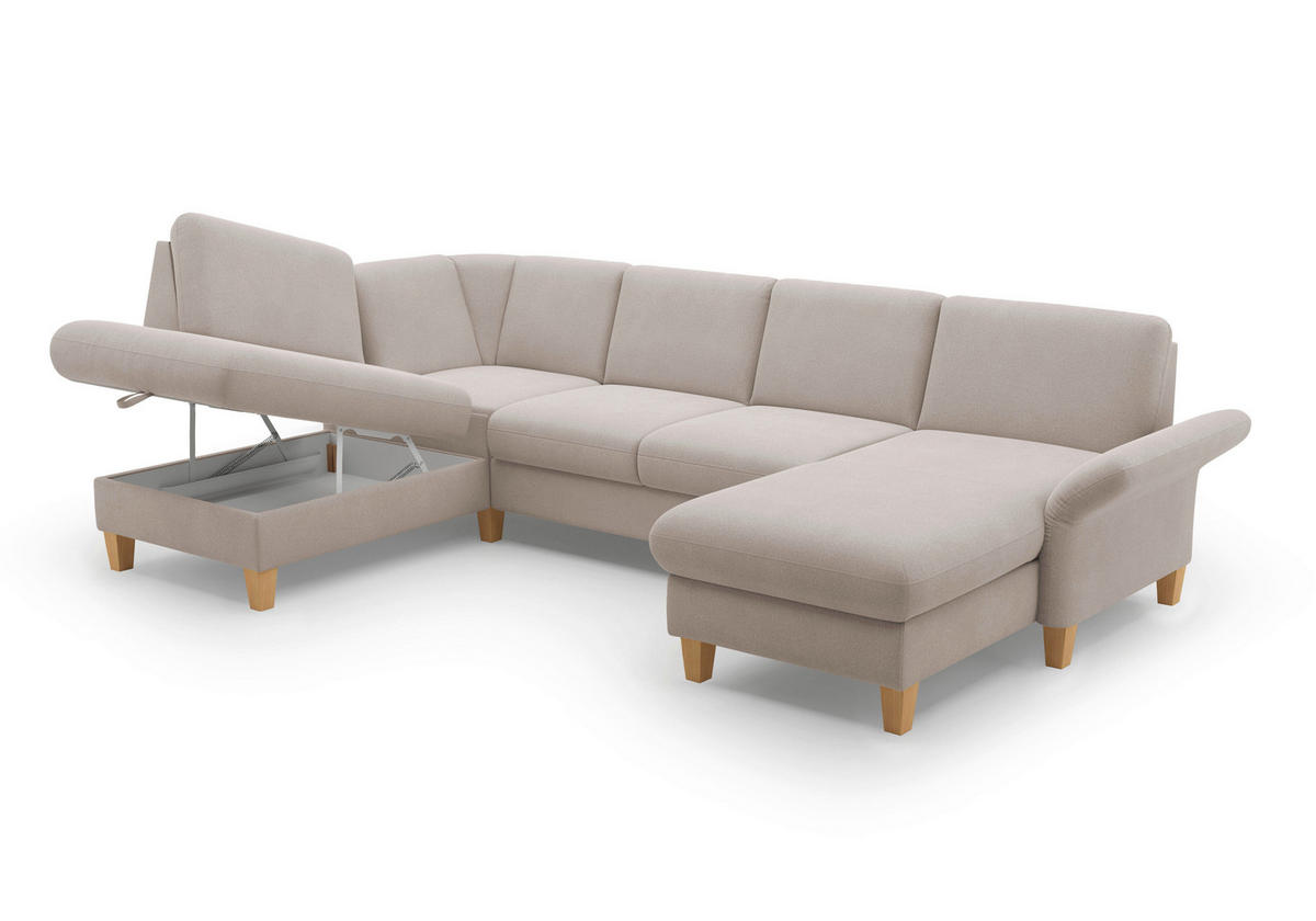 WOHNLANDSCHAFT Greige Flachgewebe  - Greige/Eichefarben, KONVENTIONELL, Holz/Textil (195/314/164cm) - Sit & More