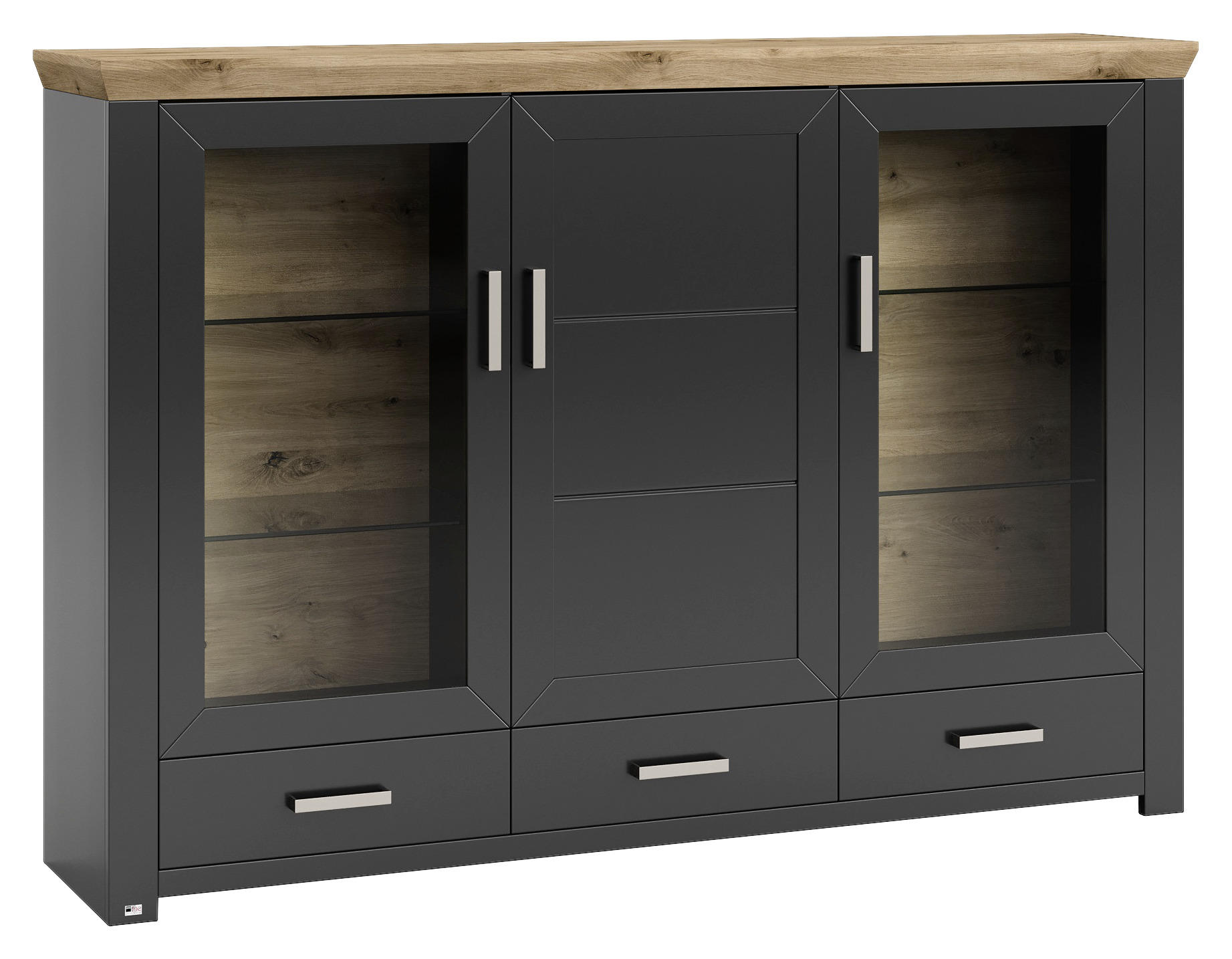 HIGHBOARD Graphitfarben, Eiche Artisan - Graphitfarben/Eiche Artisan, Design, Glas/Holzwerkstoff (184,1/126,6/44,2cm) - SetOne by Musterring