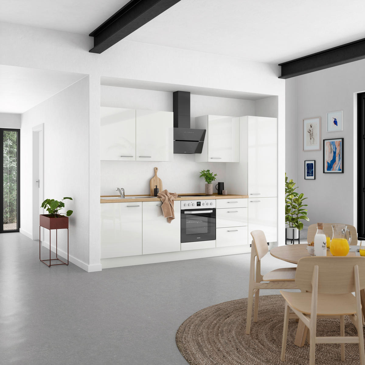 KÜCHENLEERBLOCK 300 cm   in Eichefarben, Weiß Hochglanz  - Edelstahlfarben/Eichefarben, MODERN, Holzwerkstoff/Metall (300cm) - Nobilia