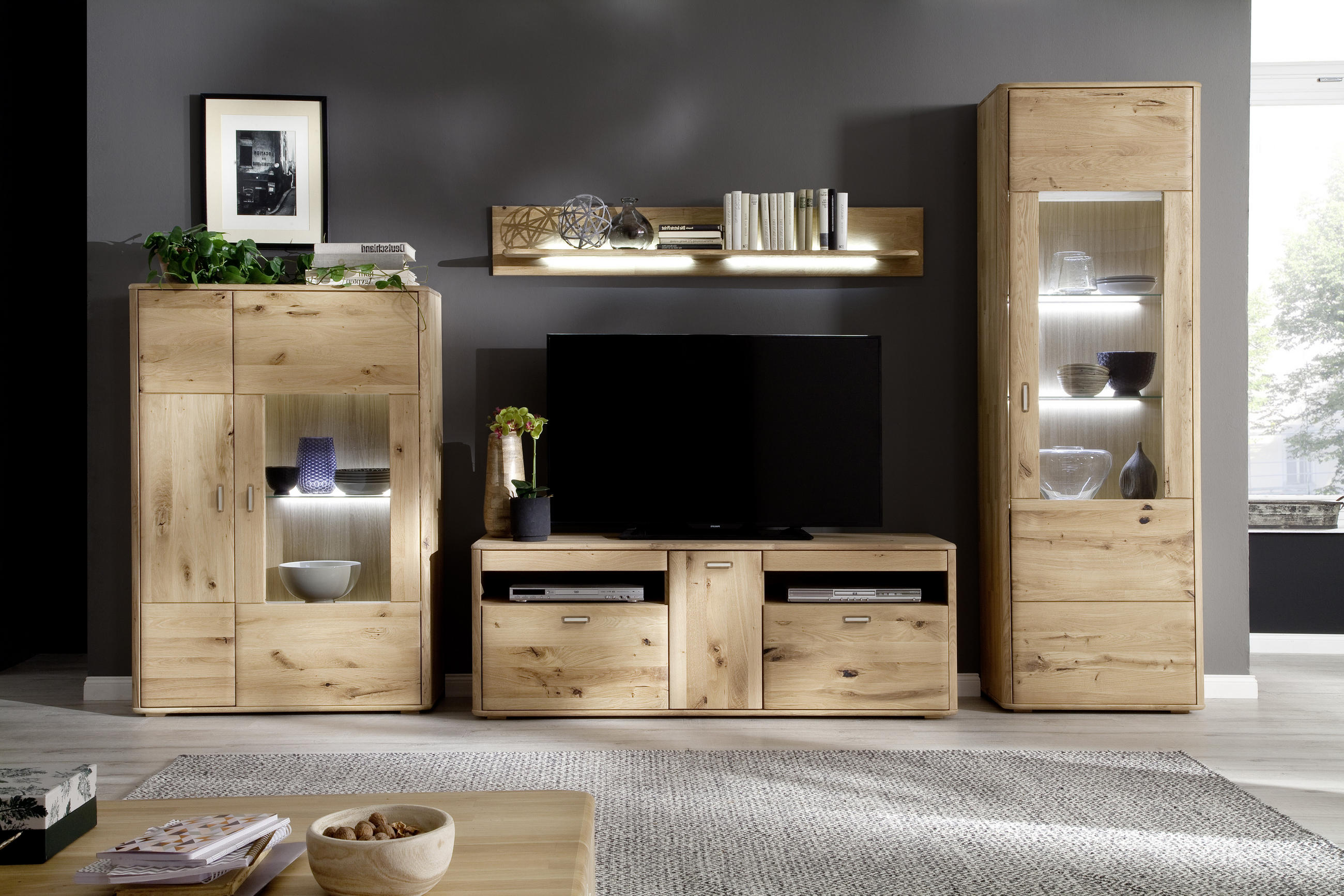 WOHNWAND  in Eichefarben  339/208/50 cm  - Eichefarben/Silberfarben, Design, Glas/Holz (339/208/50cm) - Livetastic