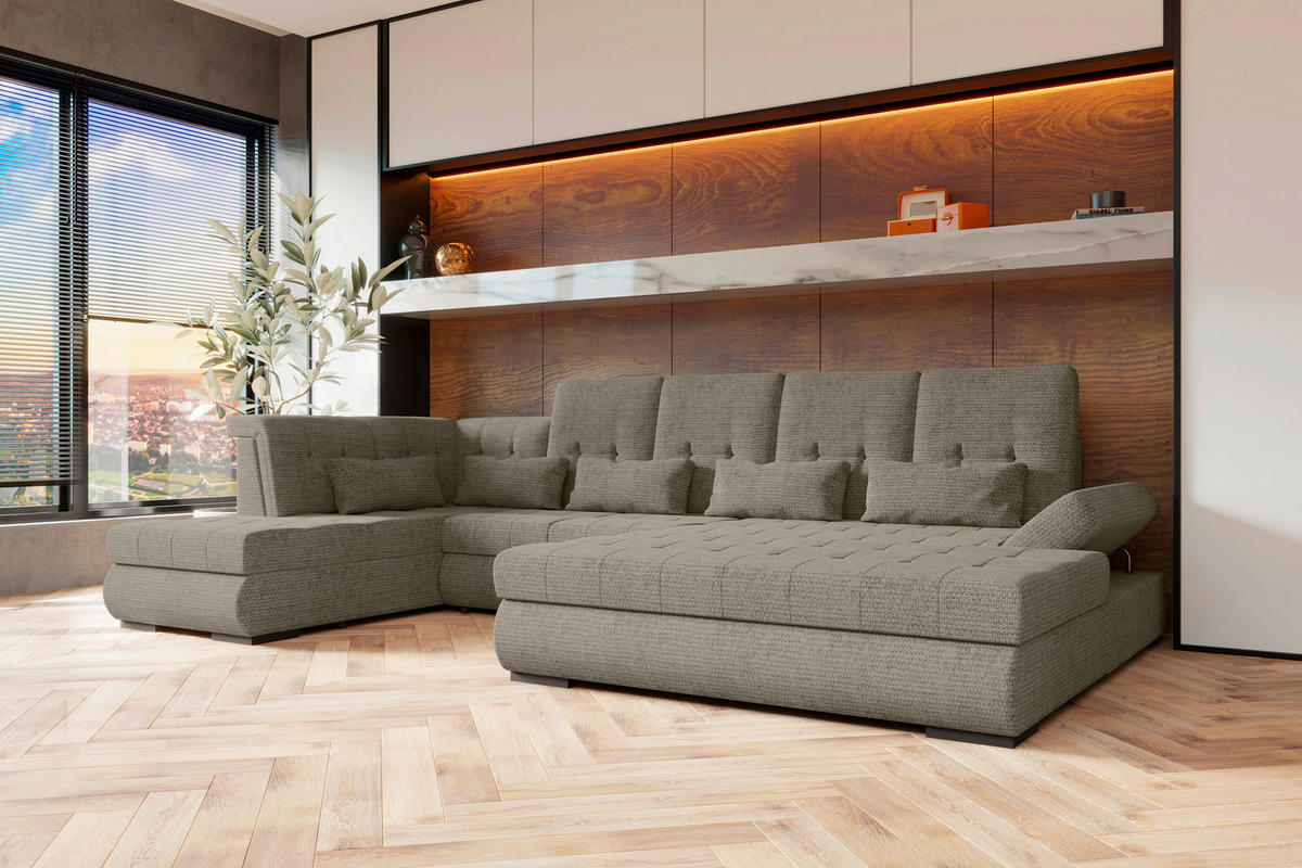 WOHNLANDSCHAFT Greige Struktur  - Greige/Schwarz, KONVENTIONELL, Kunststoff/Textil (222/358/212cm) - Carryhome