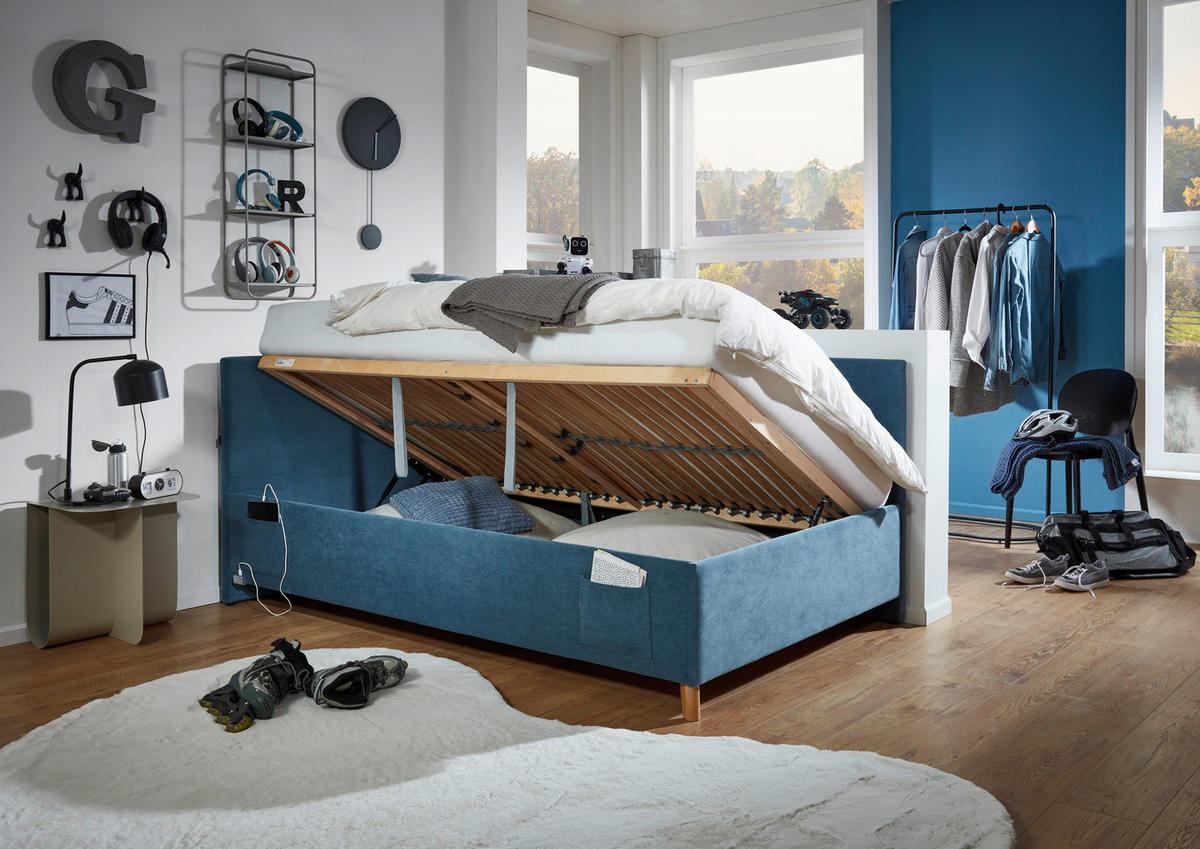 POLSTERLIEGE in Cord Blau  - Blau/Eichefarben, Konventionell, Holz/Textil (90/200cm) - Stylife