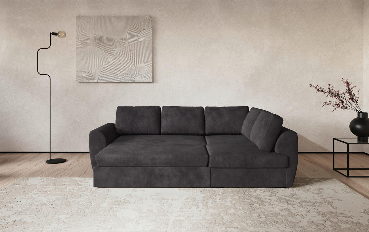 ECKSOFA Chenille Schwarz  - Schwarz, Trend, Kunststoff/Textil (253/154cm) - MID.YOU
