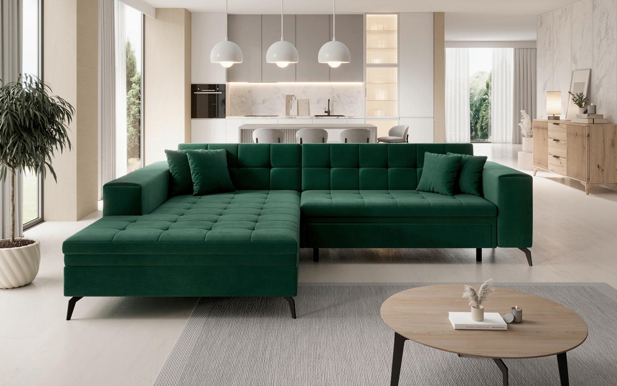 ECKSOFA Grün Samt  - Chromfarben/Grün, Design, Kunststoff/Textil (196/292cm) - MID.YOU