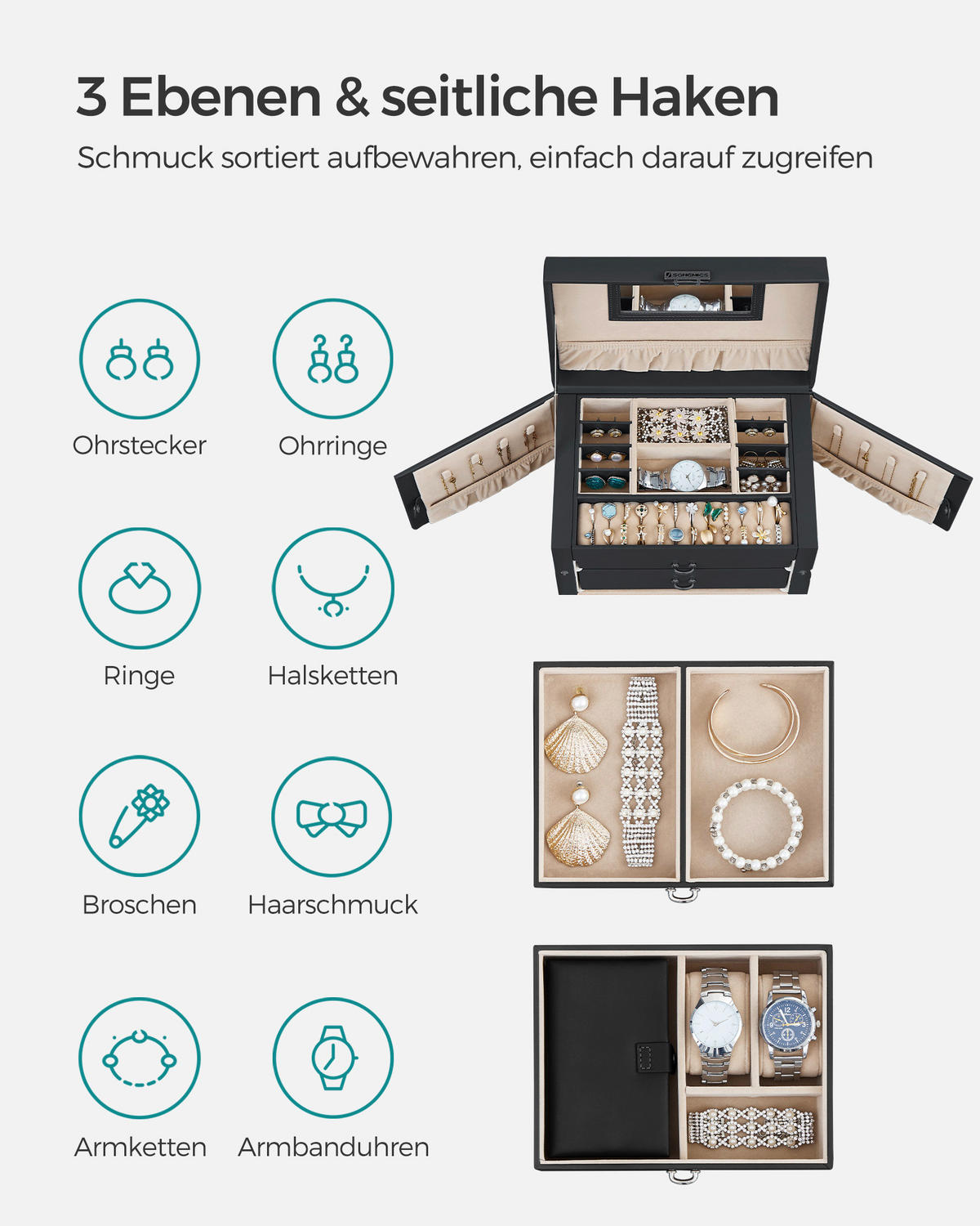 SCHMUCKKÄSTCHEN - Schwarz, LIFESTYLE, Leder/Holzwerkstoff (26/17,4/18,2cm)