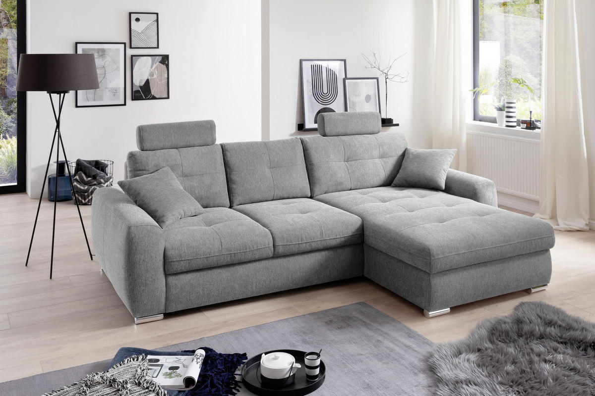 ECKSOFA in Mikrofaser Hellgrau  - Chromfarben/Hellgrau, Modern, Kunststoff/Textil (276/193cm) - Hom`in