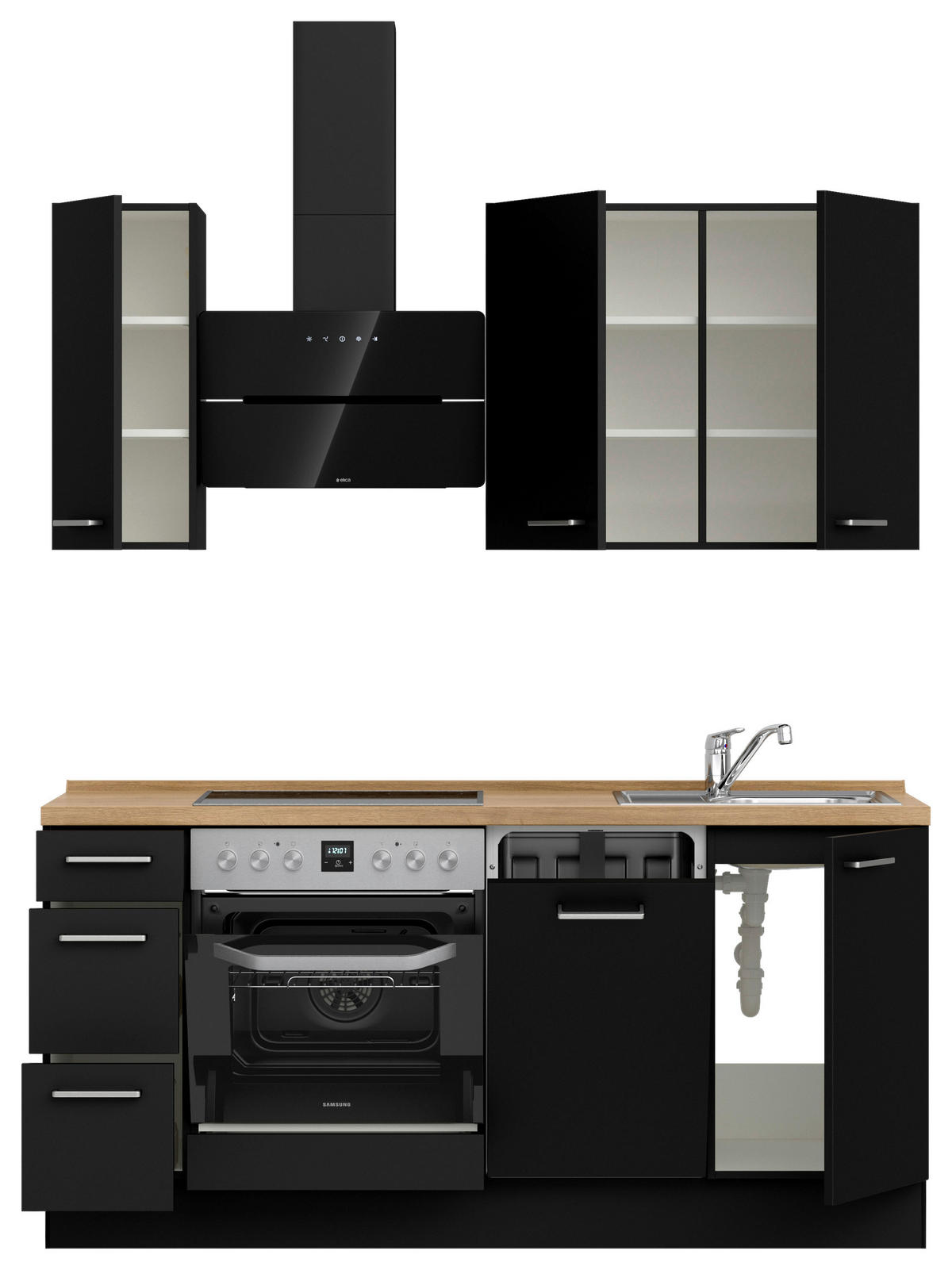 KÜCHENBLOCK 180 cm   in Schwarz, Eichefarben  - Edelstahlfarben/Eichefarben, MODERN, Holzwerkstoff/Metall (180cm) - Nobilia