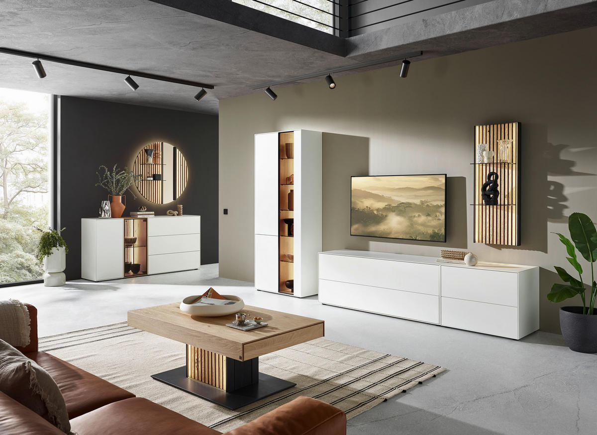 WOHNWAND  in Weiß, Eichefarben  346/205/49 cm  - Eichefarben/Weiß, Design, Glas/Holz (346/205/49cm) - Johann Jakob