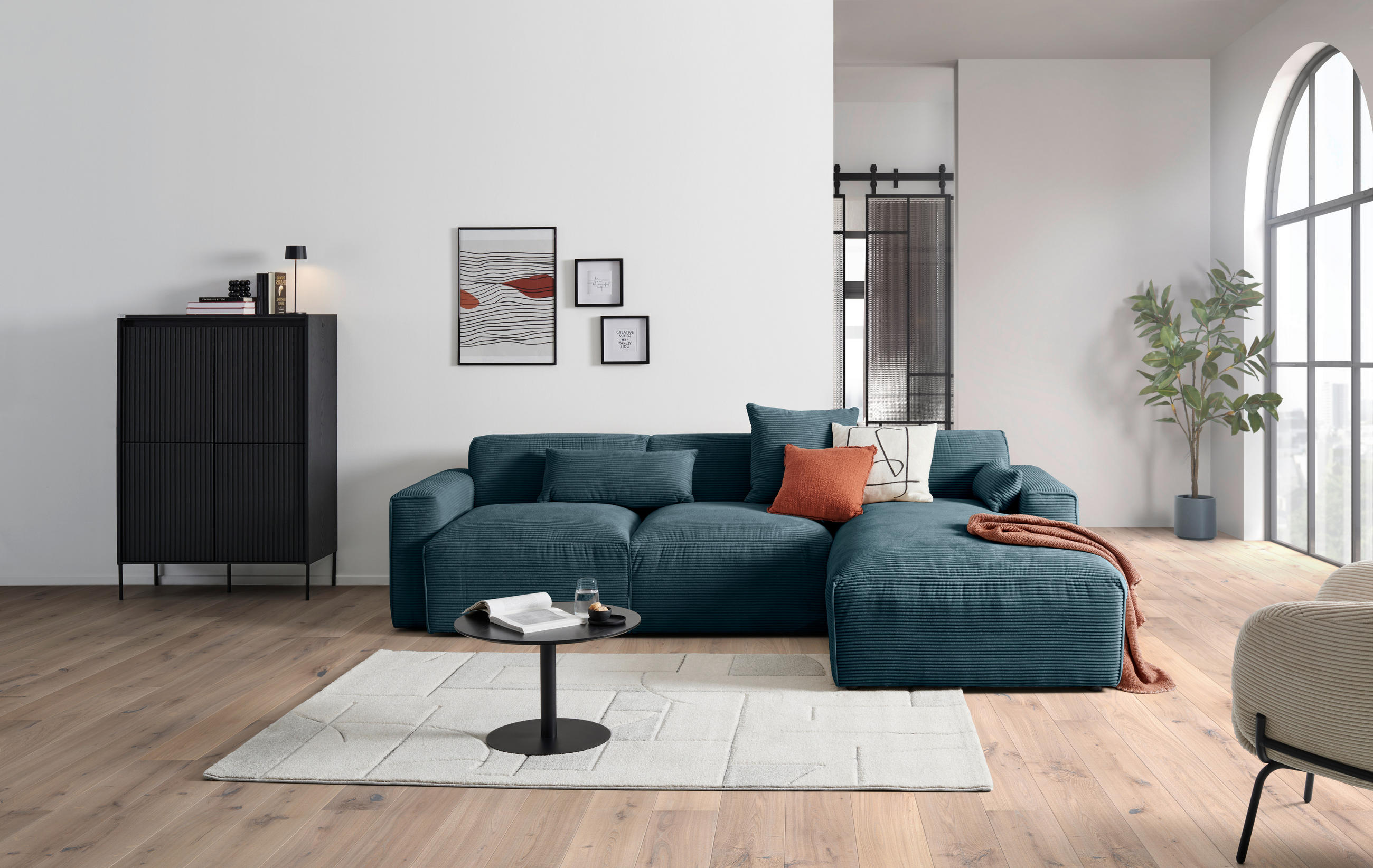 ECKSOFA in Cord Petrol  - Petrol/Schwarz, Design, Kunststoff/Textil (303/196cm) - Livetastic