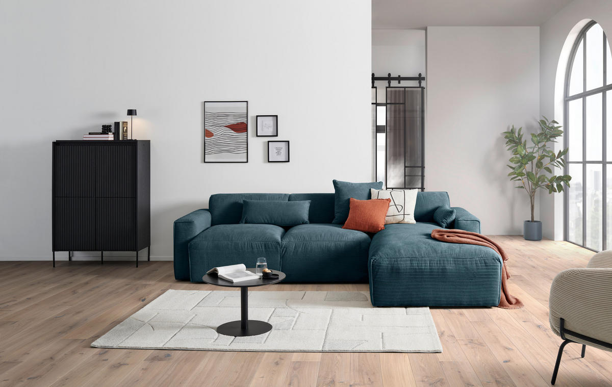 ECKSOFA in Cord Petrol  - Petrol/Schwarz, Design, Kunststoff/Textil (303/196cm) - Livetastic