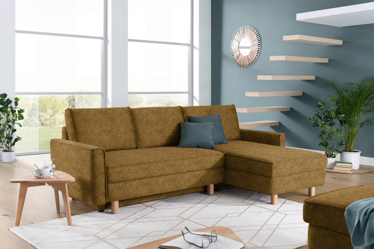 ECKSOFA  in Mikrovelours Senfgelb  237/170 cm  - Eichefarben/Senfgelb, KONVENTIONELL, Holz/Textil (237/170cm) - Sedda