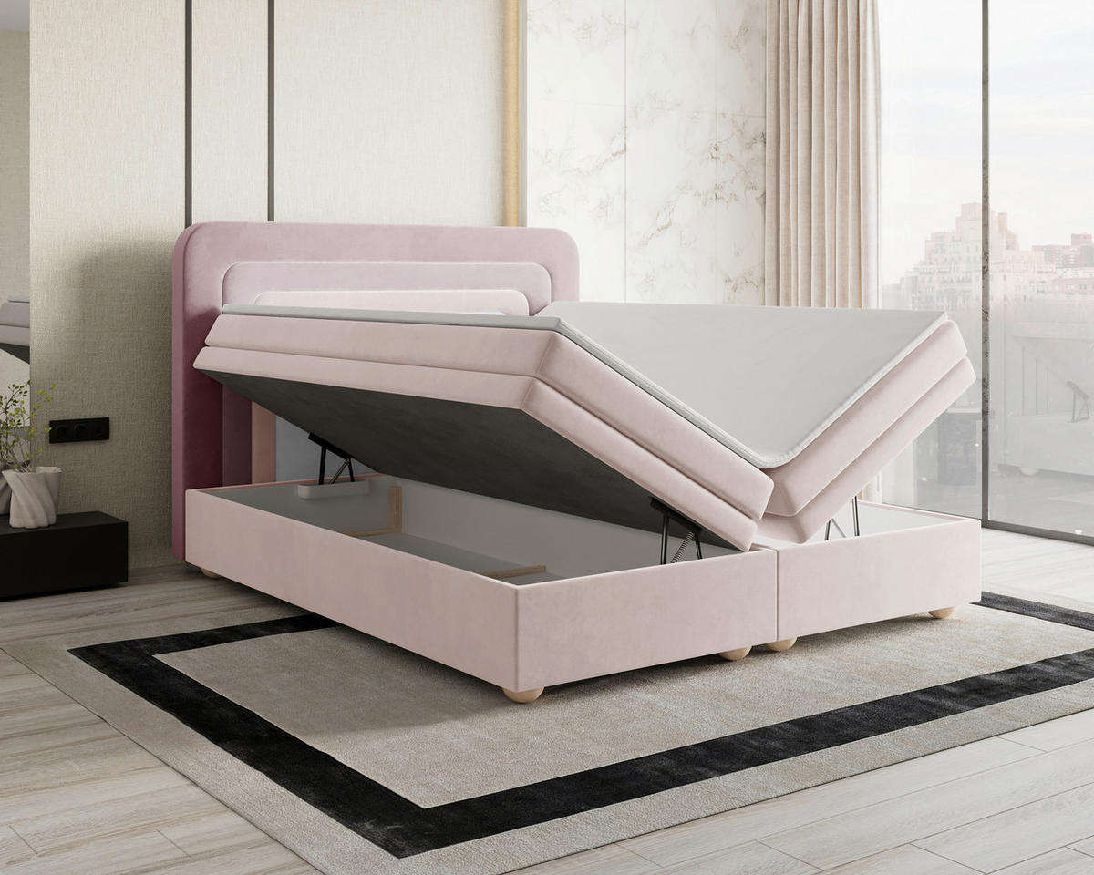 BOXBETT 140/200 cm,  in Rosa, Altrosa, gepolstertes Kopfteil, Bettkasten, Topper, H2 + H3 = mittel + fest  - Altrosa/Rosa, MODERN, Holz/Kunststoff (140/200cm) - Livetastic