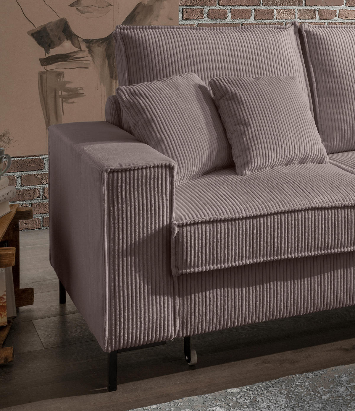 ECKSOFA Graubraun Cord  - Graubraun/Schwarz, MODERN, Textil/Metall (240/150cm) - Livetastic