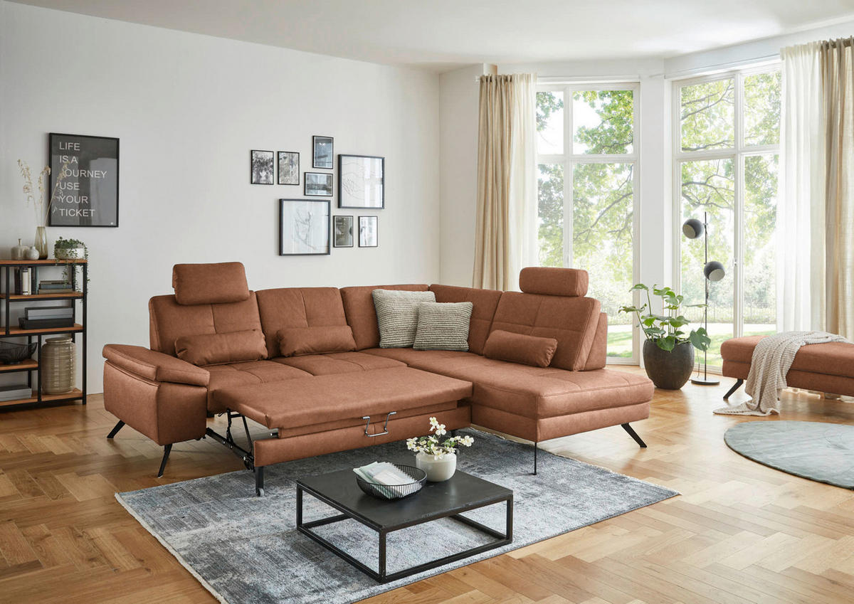 ECKSOFA in Lederlook, Mikrofaser Braun  - Schwarz/Braun, Design, Textil/Metall (261/220cm) - Beldomo System