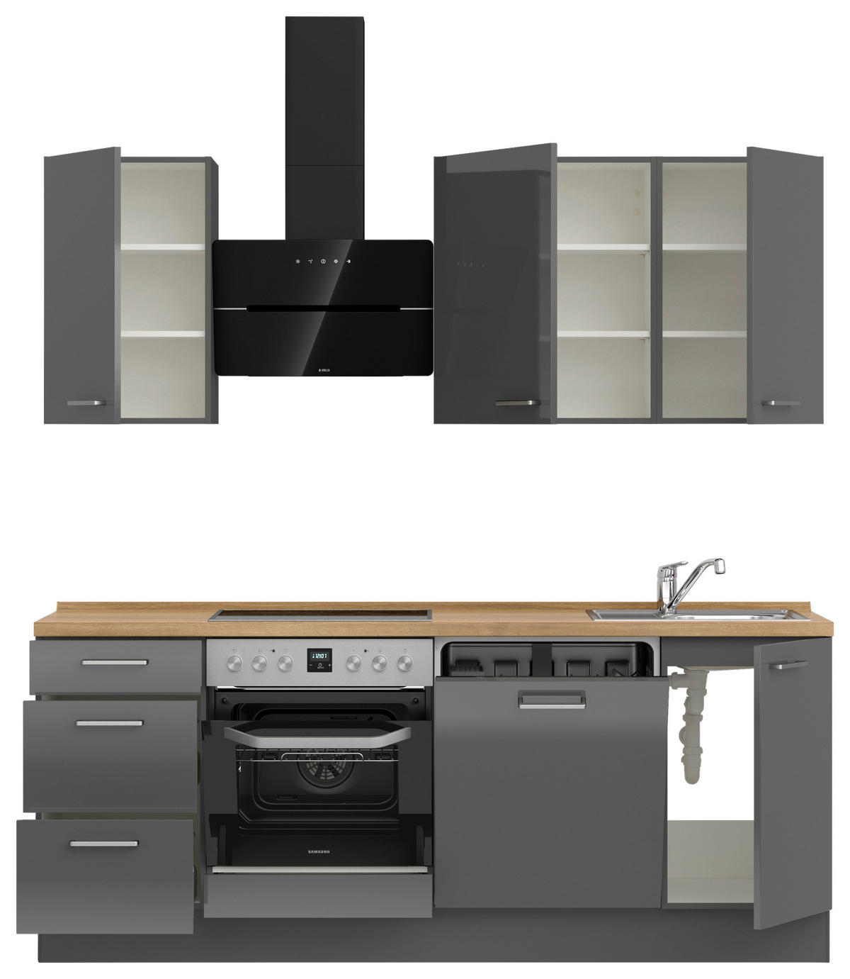 KÜCHENLEERBLOCK 210 cm   in Eichefarben, Schieferfarben  - Schieferfarben/Edelstahlfarben, MODERN, Holzwerkstoff/Metall (210cm) - Nobilia