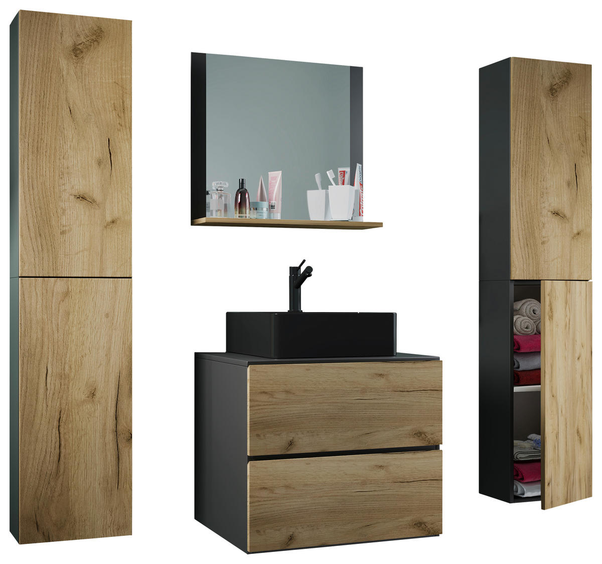 BADEZIMMER 5-teilig  in 127 cm  - Honigeiche/Anthrazit, MODERN, Glas/Keramik (127cm) - MID.YOU