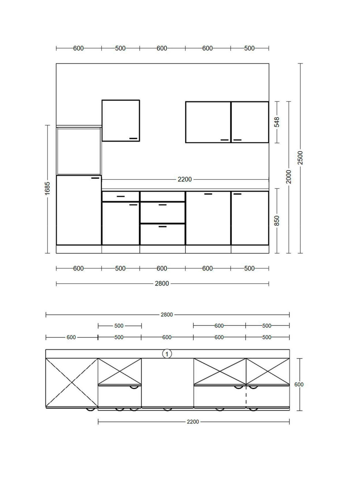 KÜCHENBLOCK 280 cm   in Weiß, Eichefarben  - Eichefarben/Schwarz, Basics, Holzwerkstoff/Metall (280cm) - FlexWell