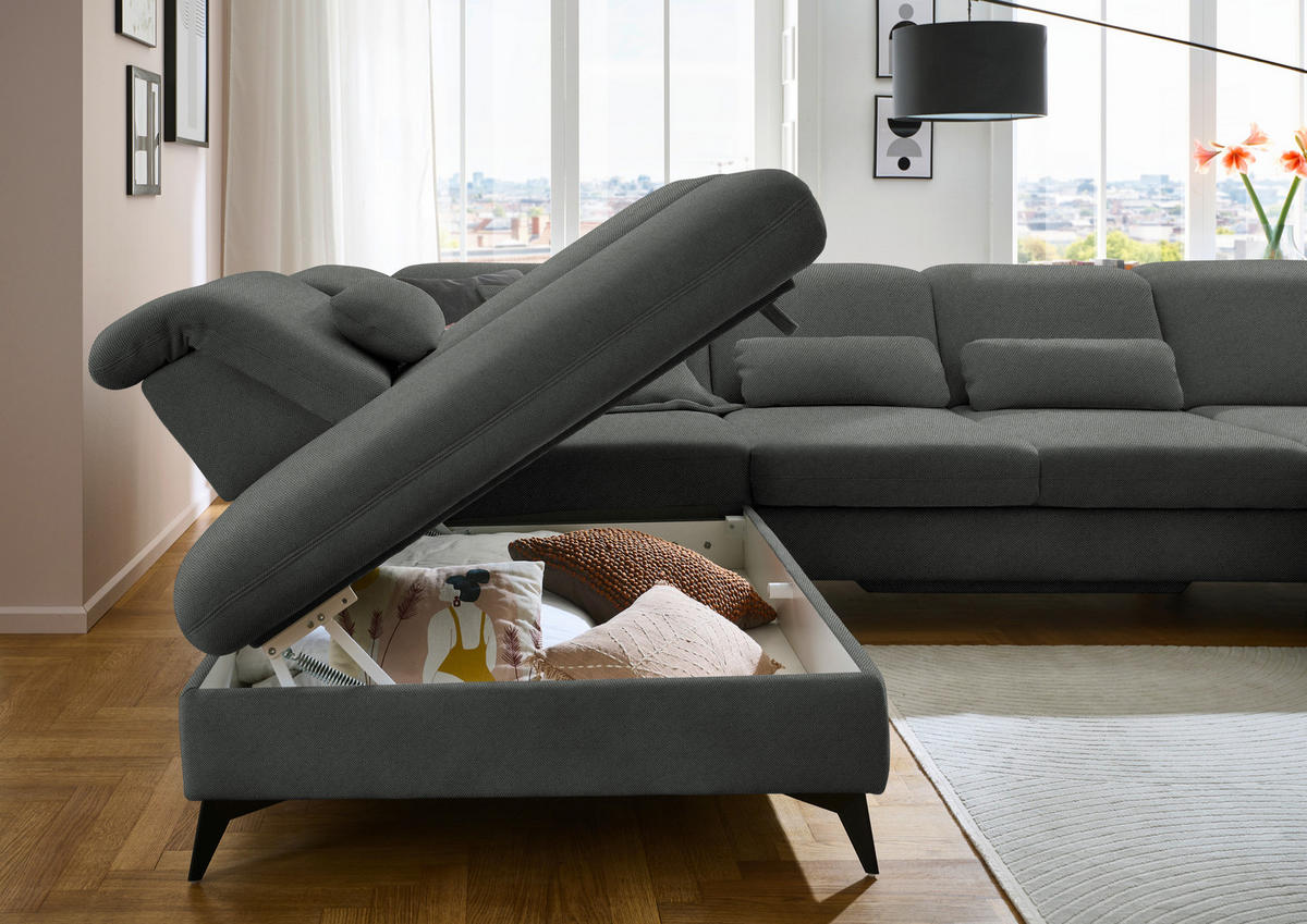 WOHNLANDSCHAFT Chenille Grau  - Schwarz/Grau, Design, Textil/Metall (255/369/198cm) - Beldomo Style