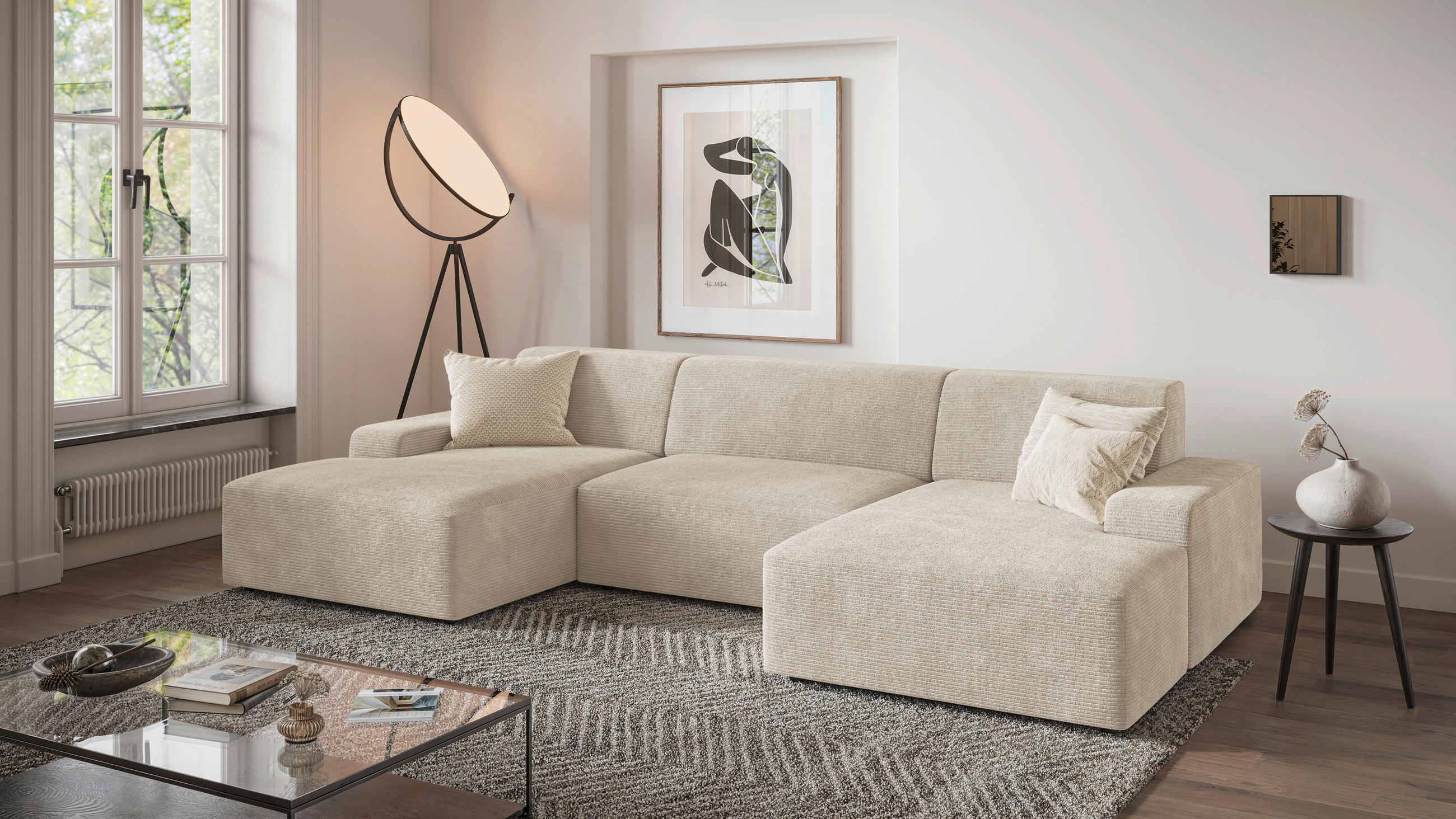 WOHNLANDSCHAFT Creme Cord  - Creme/Schwarz, MODERN, Kunststoff/Textil (162/329/162cm) - Trendmanufaktur