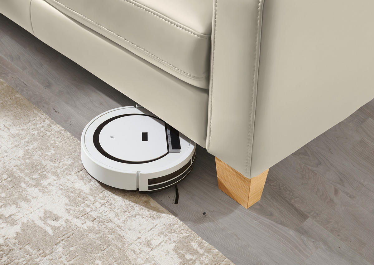ECKSOFA in Echtleder Ecru  - Ecru/Eiche Bianco, Konventionell, Leder/Holz (235/257cm) - Valdera