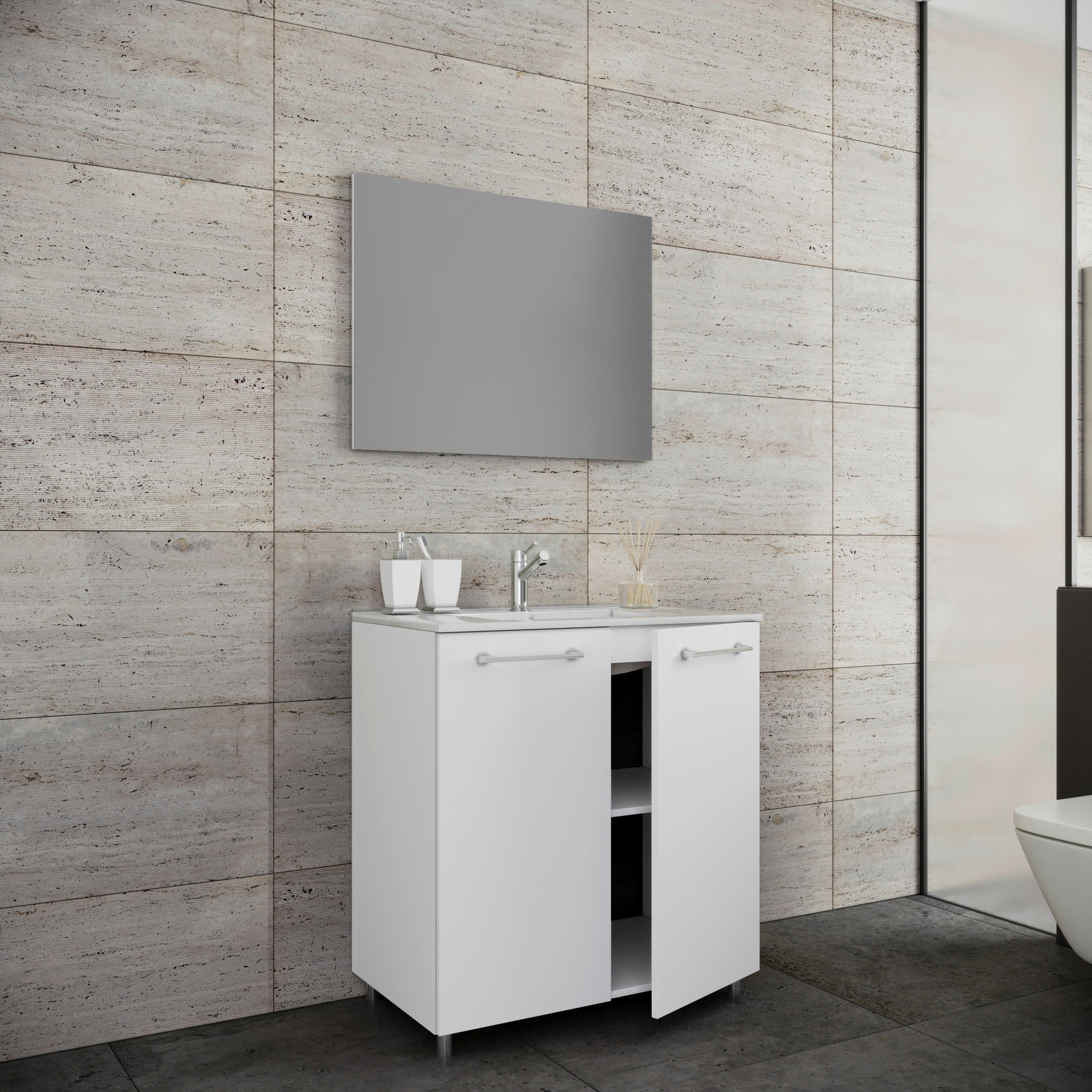 BADEZIMMER 3-teilig in 80 cm - Alufarben/Weiß, MODERN, Keramik/Holzwerkstoff (80cm) - MID.YOU