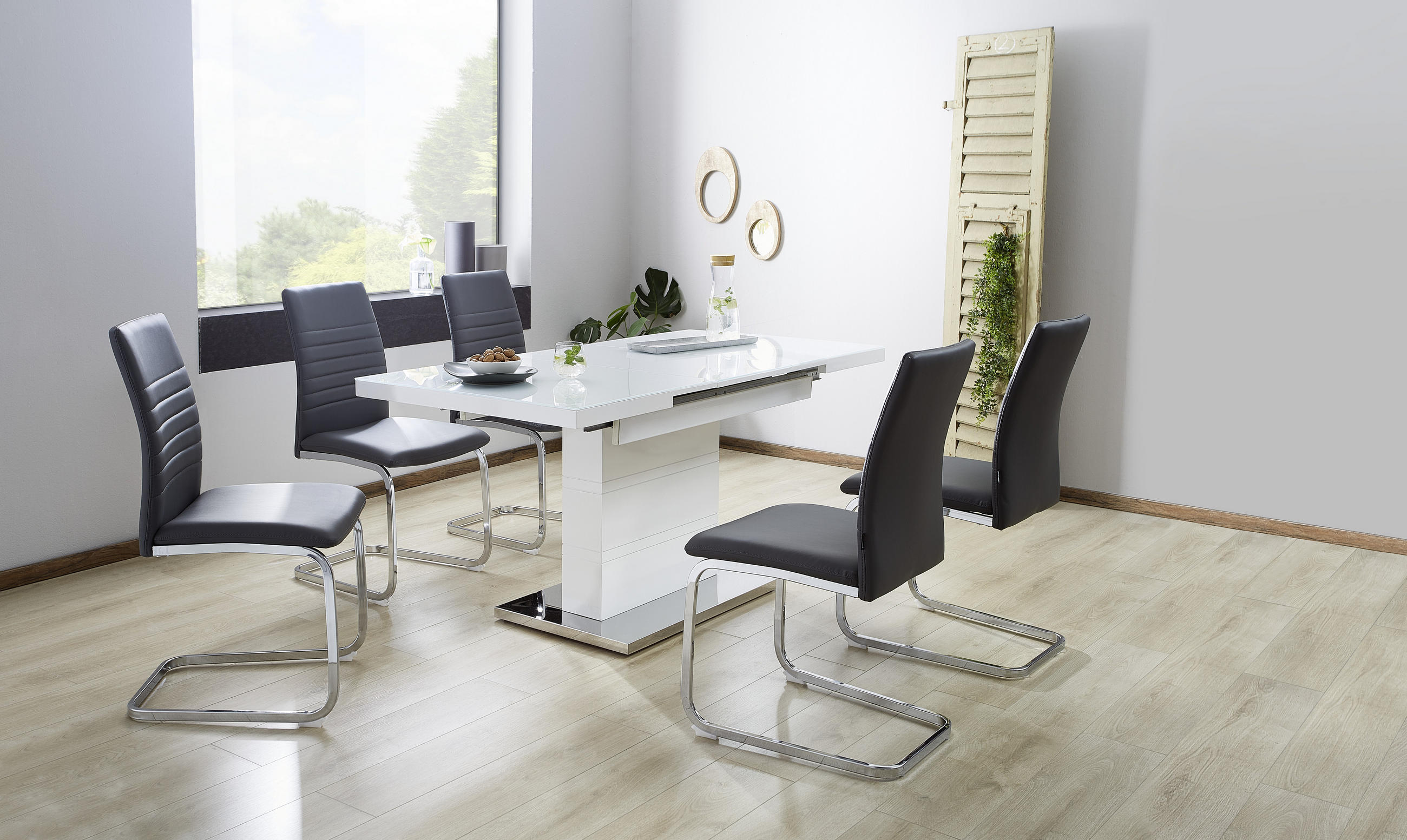 STOL ZA BLAGOVAONICU bijela, boje oplemenjenog čelika, bijela visoki sjaj metal, staklo, drvni materijal - bijela/boje oplemenjenog čelika, Design, staklo/drvni materijal (120-160/80/76cm) - Carryhome