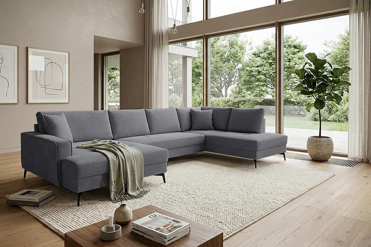 WOHNLANDSCHAFT ZERO Dunkelgrau Cord  - Dunkelgrau/Schwarz, Trend, Textil/Metall (173/362/195cm) - Livetastic