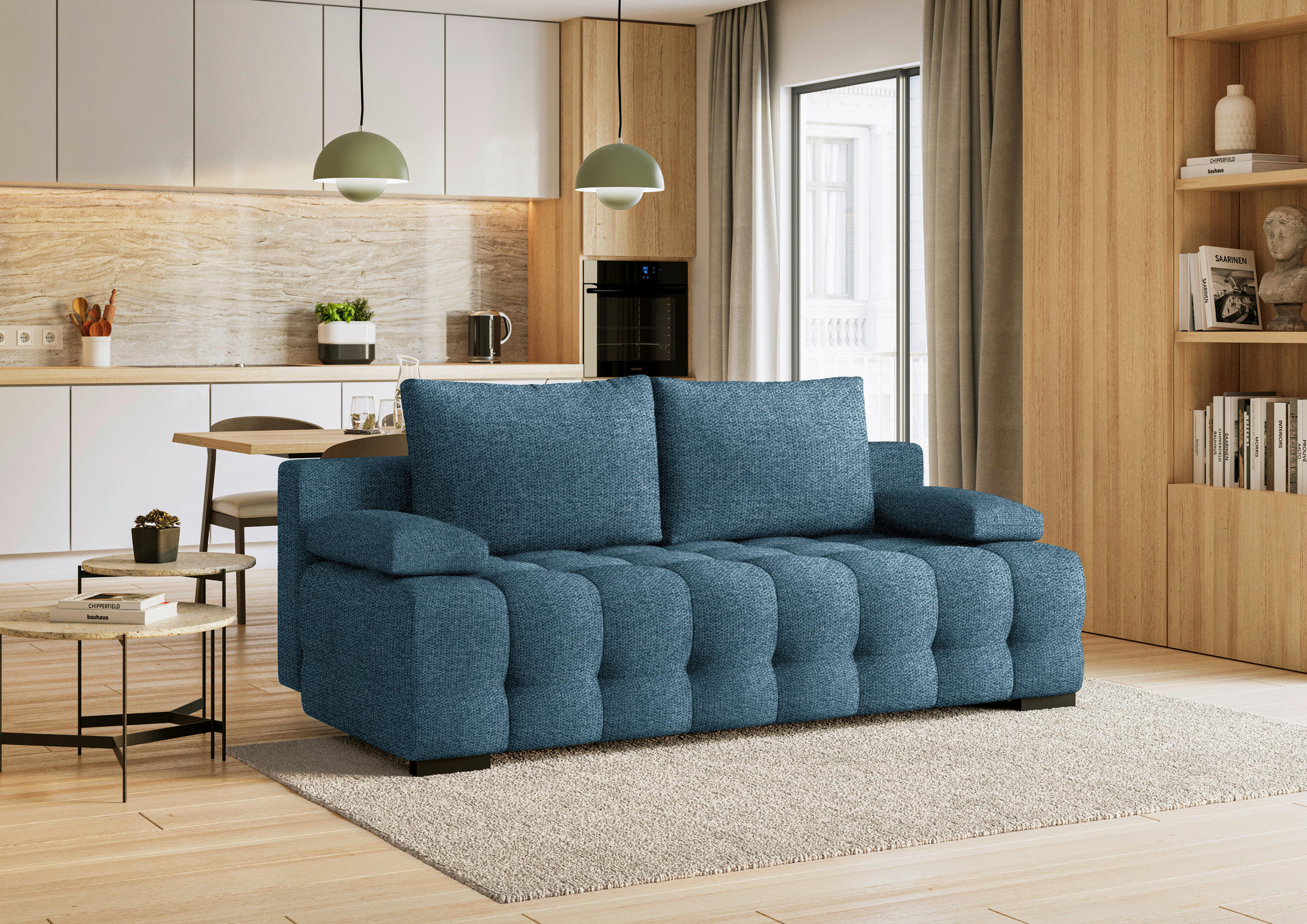 SCHLAFSOFA Jensen  mit Stoffauswahl, Schlafen auf Sitzhöhe, Rücken echt Struktur Blau  - Blau/Schwarz, KONVENTIONELL, Kunststoff/Textil (209/96/100cm) - Stylife