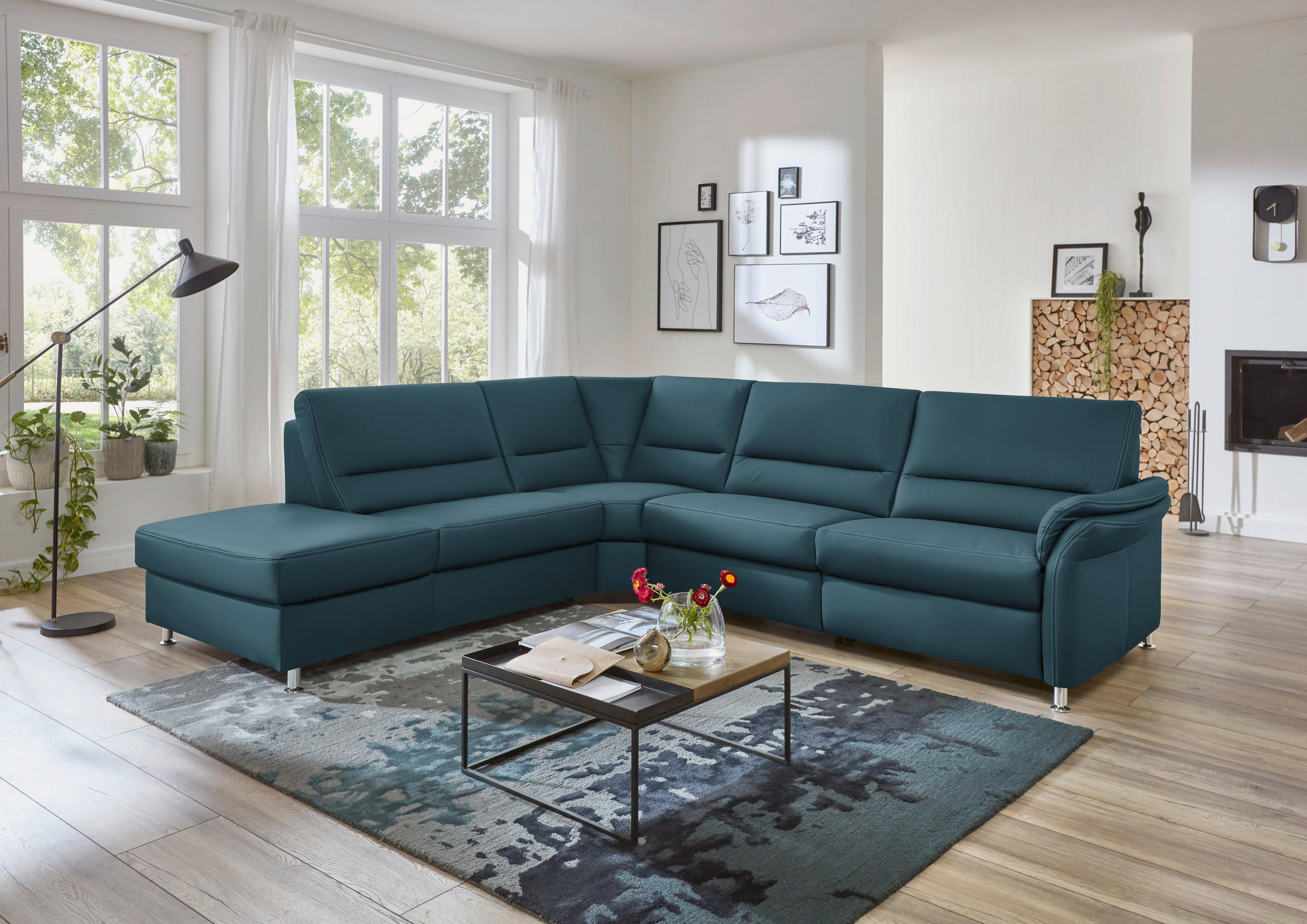 ECKSOFA in Echtleder Blau  249/288 cm  - Blau/Beige, Design, Leder/Metall (249/288cm) - Beldomo Premium
