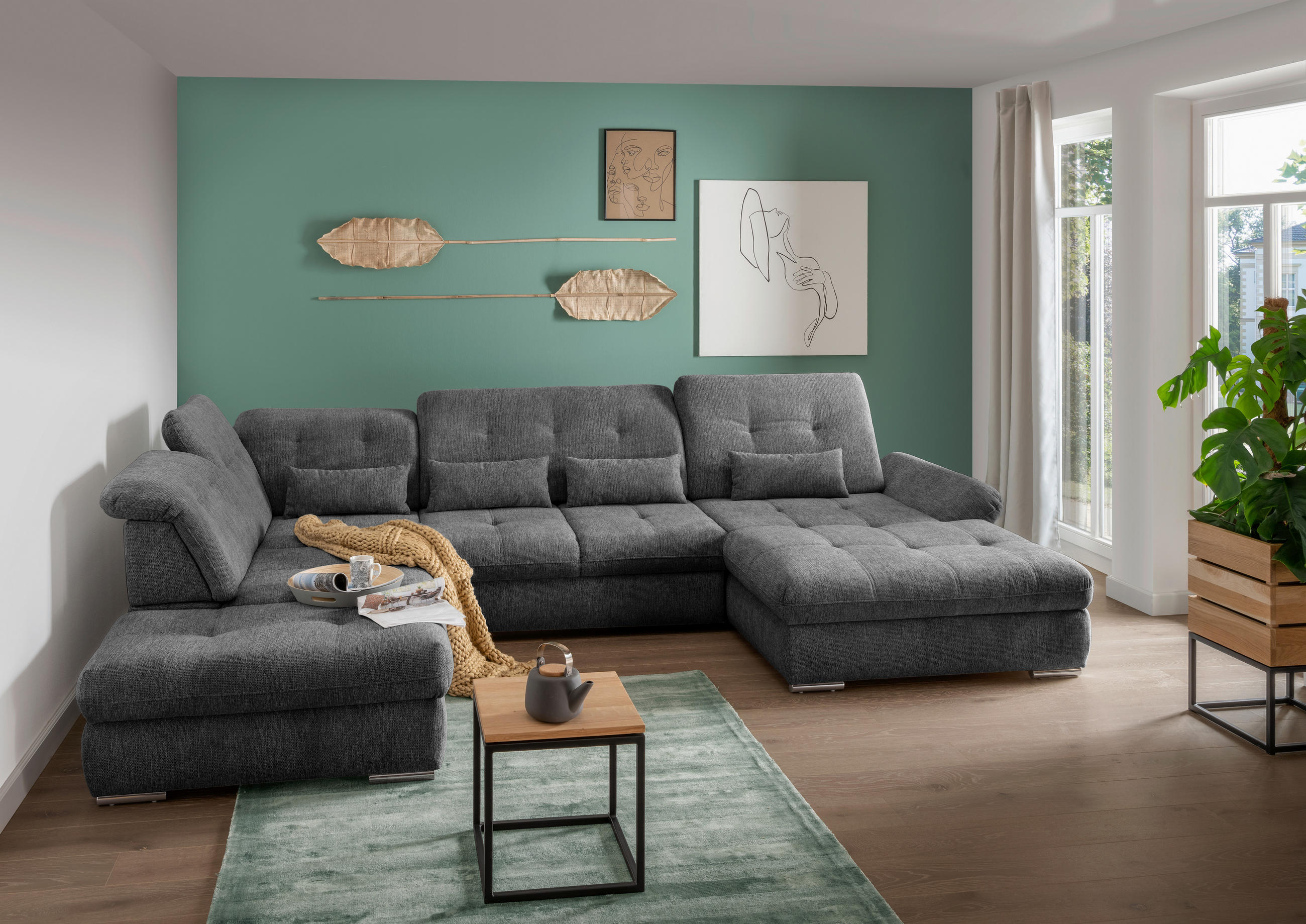 WOHNLANDSCHAFT in Chenille Anthrazit - Chromfarben/Anthrazit, Design, Textil/Metall (254/376/195cm) - Livetastic