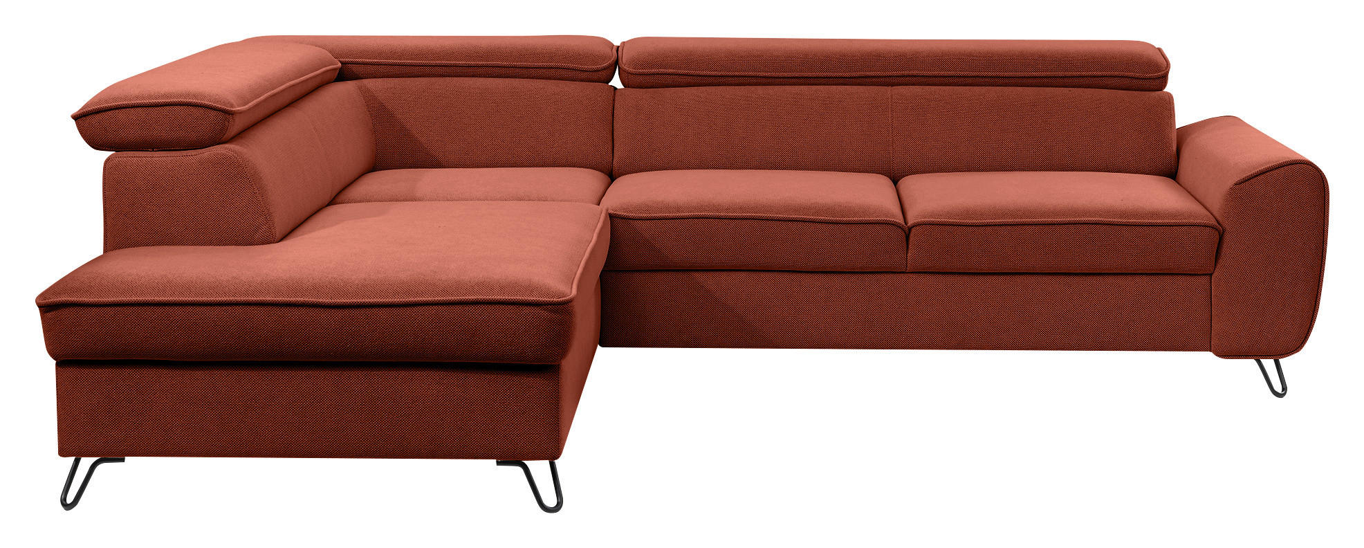 ECKSOFA inkl. Funktion Idylla Rostfarben Flachgewebe  inkl. Bettkasten, Schlaffunktion, Rücken echt, Kopfstütze  - Rostfarben/Schwarz, Design, Textil/Metall (200/250cm) - Stylife