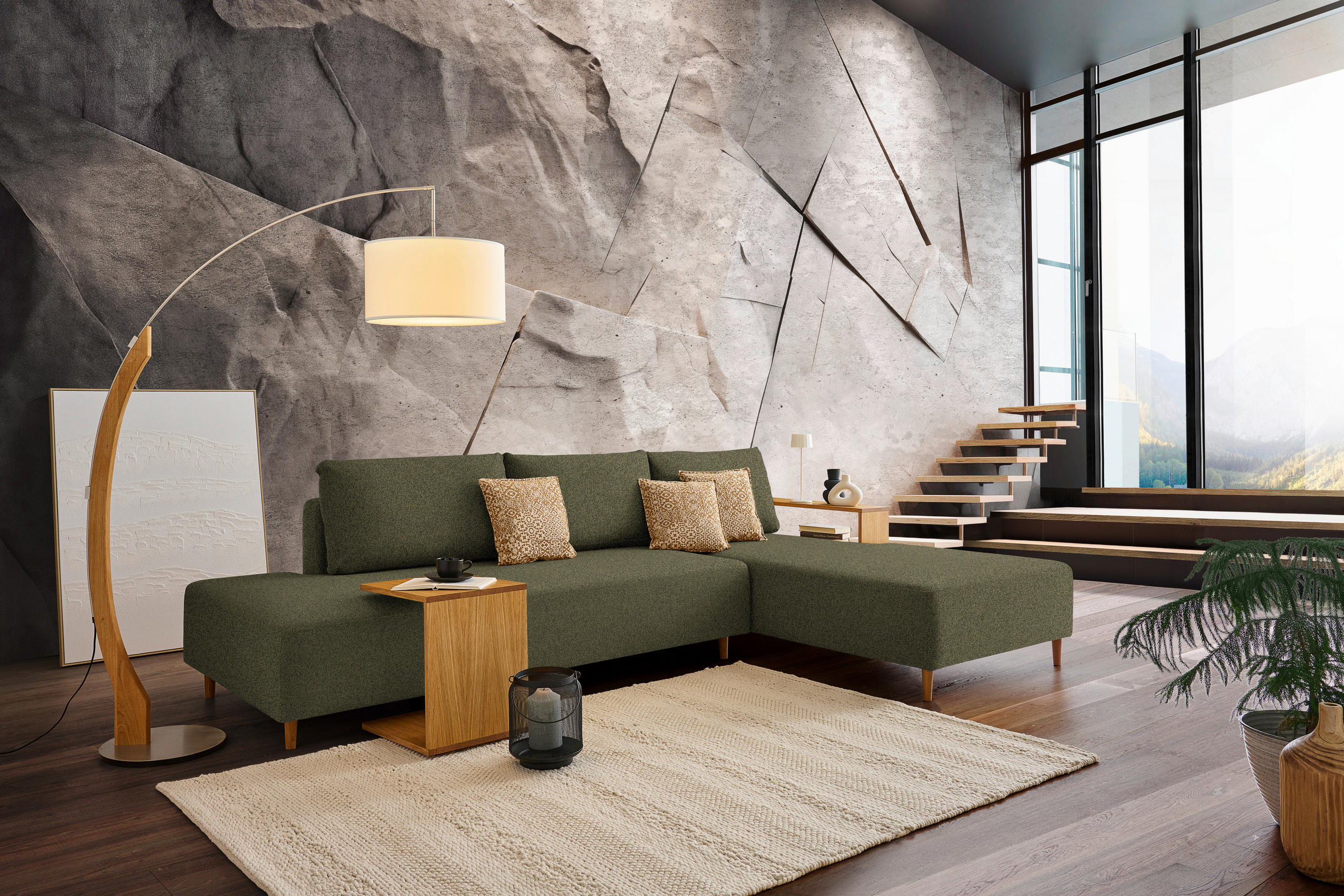 ECKSOFA in Flachgewebe Olivgrün  - Eichefarben/Olivgrün, Design, Holz/Textil (307/190cm) - Joka