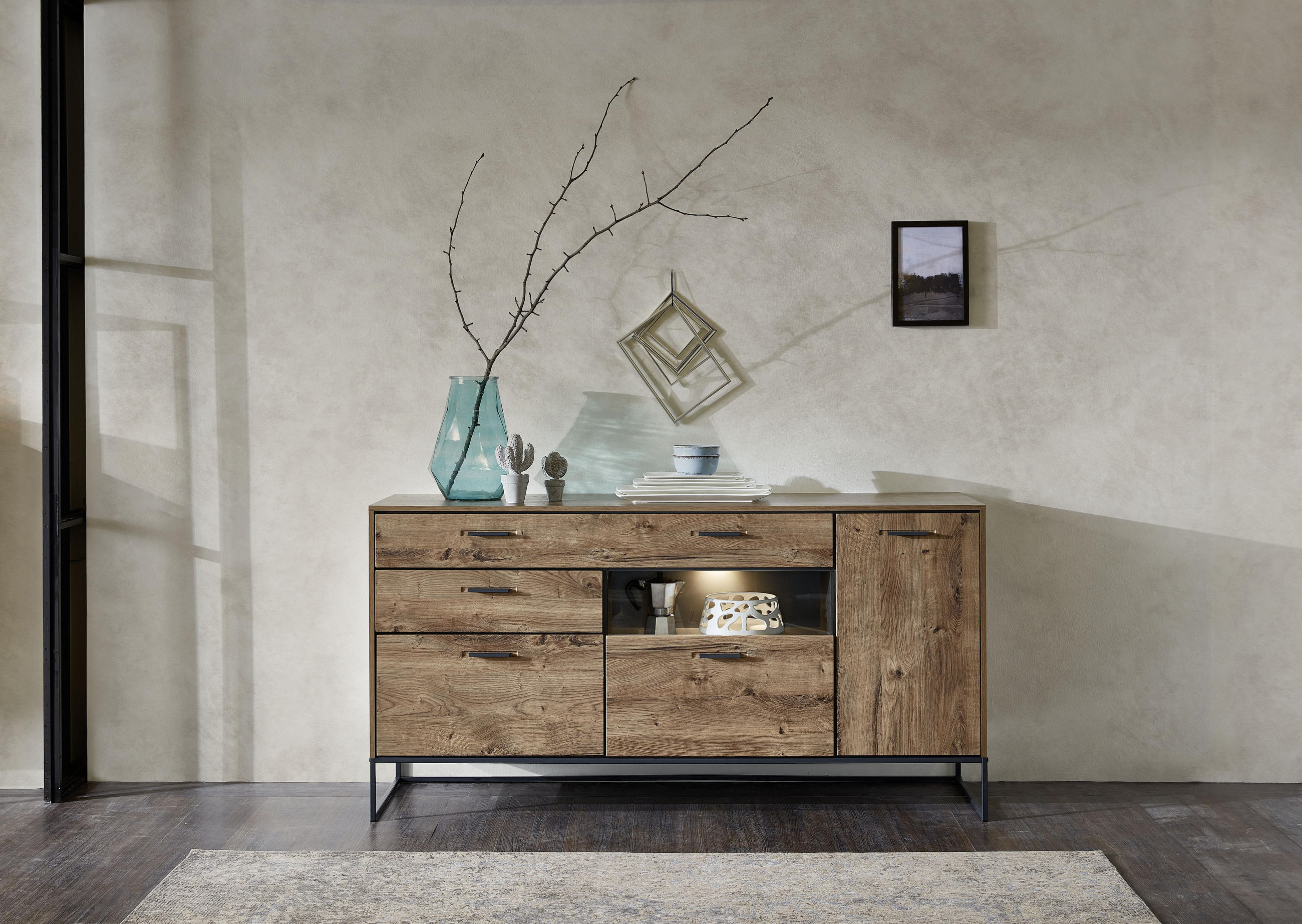KOMMODE Graphitfarben, Eichefarben - Eichefarben/Anthrazit, MODERN, Glas/Holzwerkstoff (175/91/48cm) - Livetastic