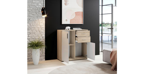 KOMMODE 80/82/35 cm in Weiß, Sonoma Eiche - Silberfarben/Schwarz, KONVENTIONELL, Holzwerkstoff/Kunststoff (80/82/35cm) - Carryhome