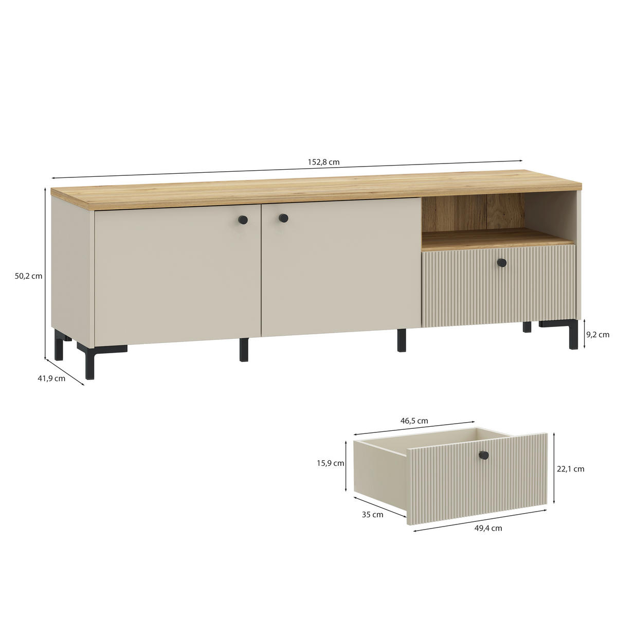 TV-ELEMENT barve hrasta, peščene barve  - črna/barve hrasta, Moderno, kovina/umetna masa (152,8/50,2/41,9cm) - Hom`in